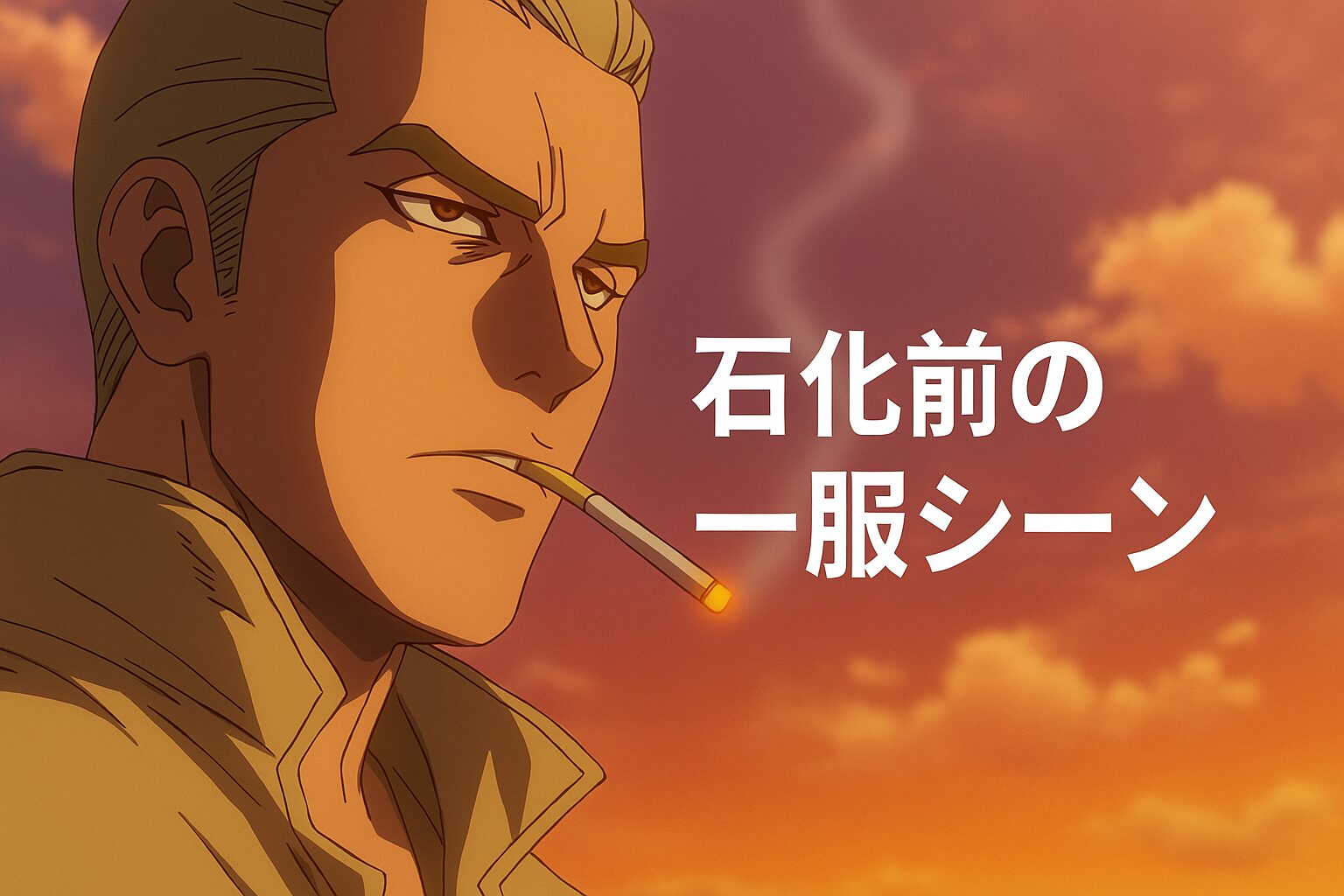 石化直前のタバコをくわえるシーン