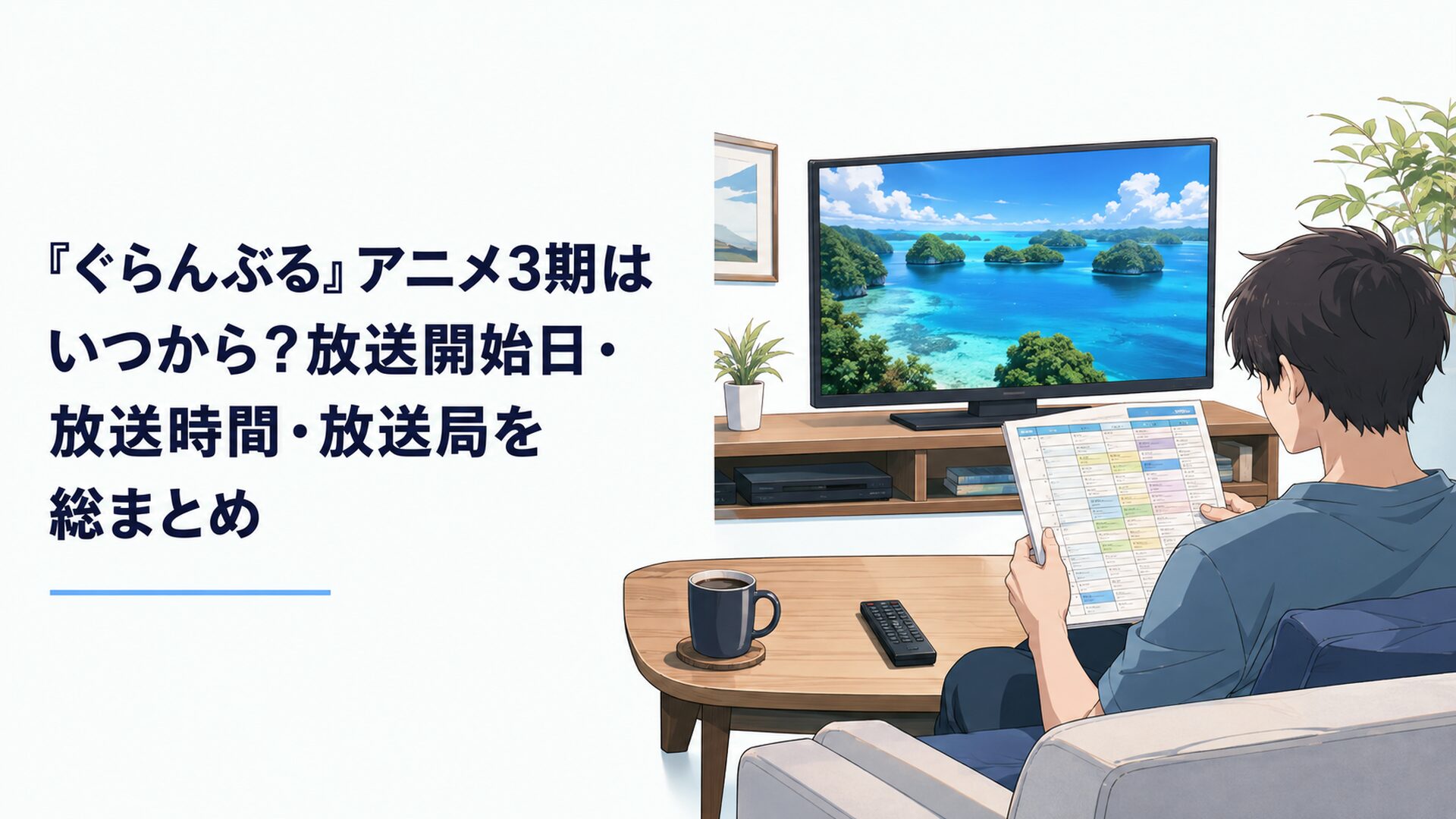 パラオの青い海とテレビ番組表を見ながらアニメ3期の放送日時を確認する視聴者
