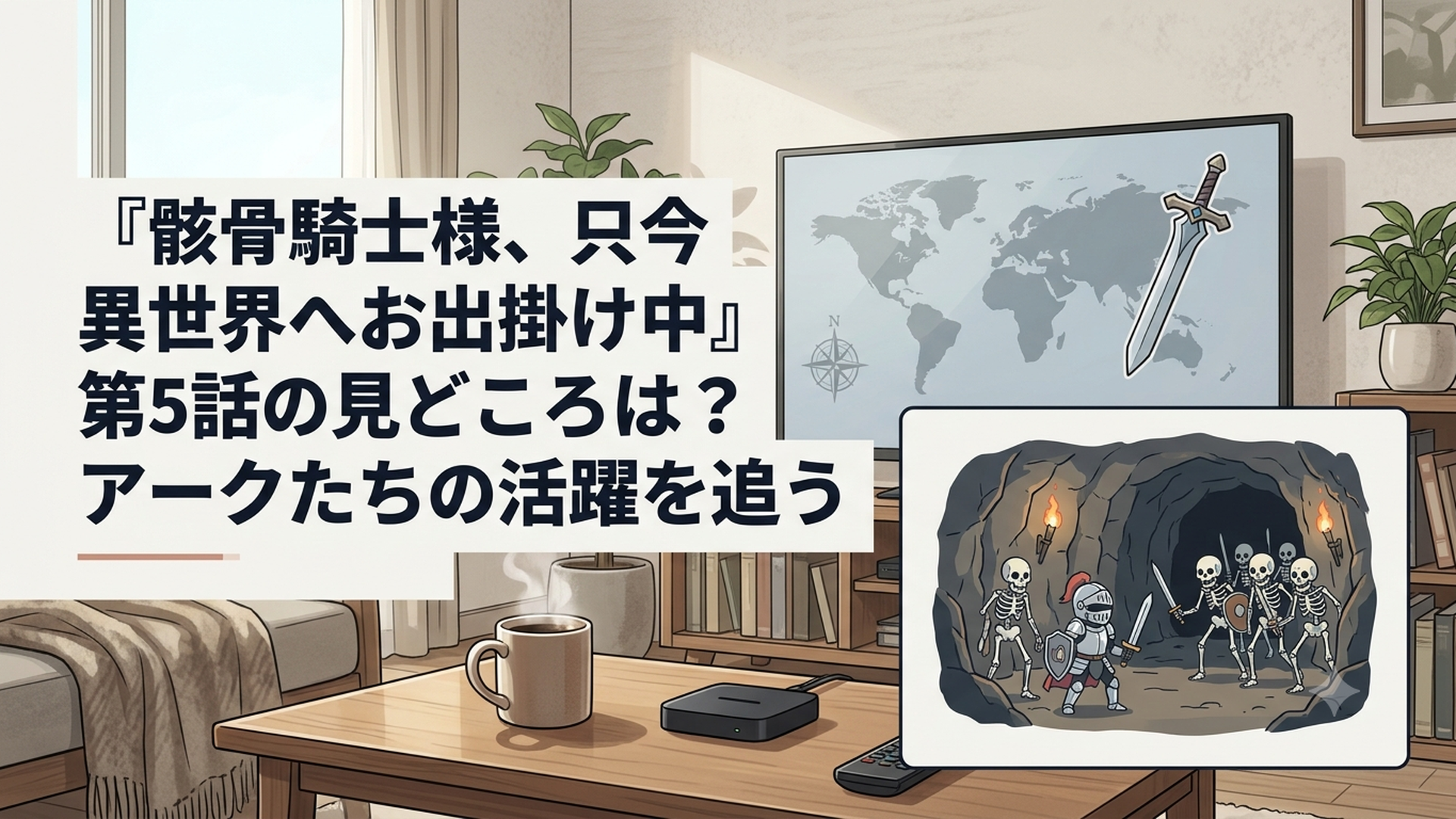 暗い地下洞窟でアンデッドの群れと対峙する白銀の骸骨騎士アークと仲間たち