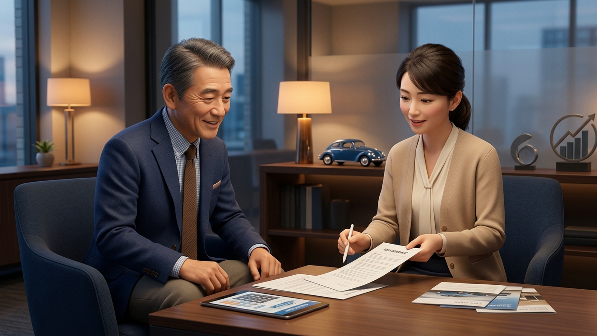 車の買い替えとローンについて相談する60代の会社員