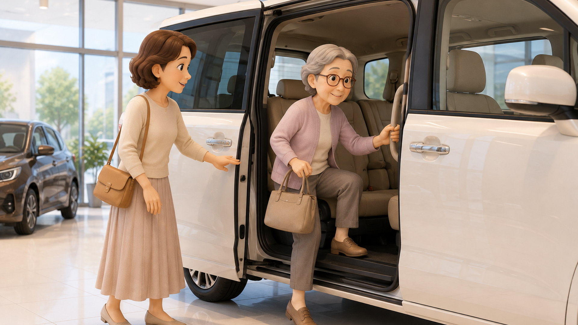 50代女性が明るい販売店で軽自動車とコンパクトカーを見比べ運転しやすい一台を選んでいる場面