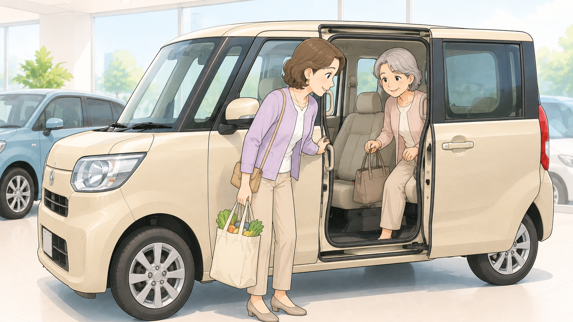 上品なコンパクトカーと都会的なSUV、おしゃれな軽自動車が並ぶ大人のカーライフシーン