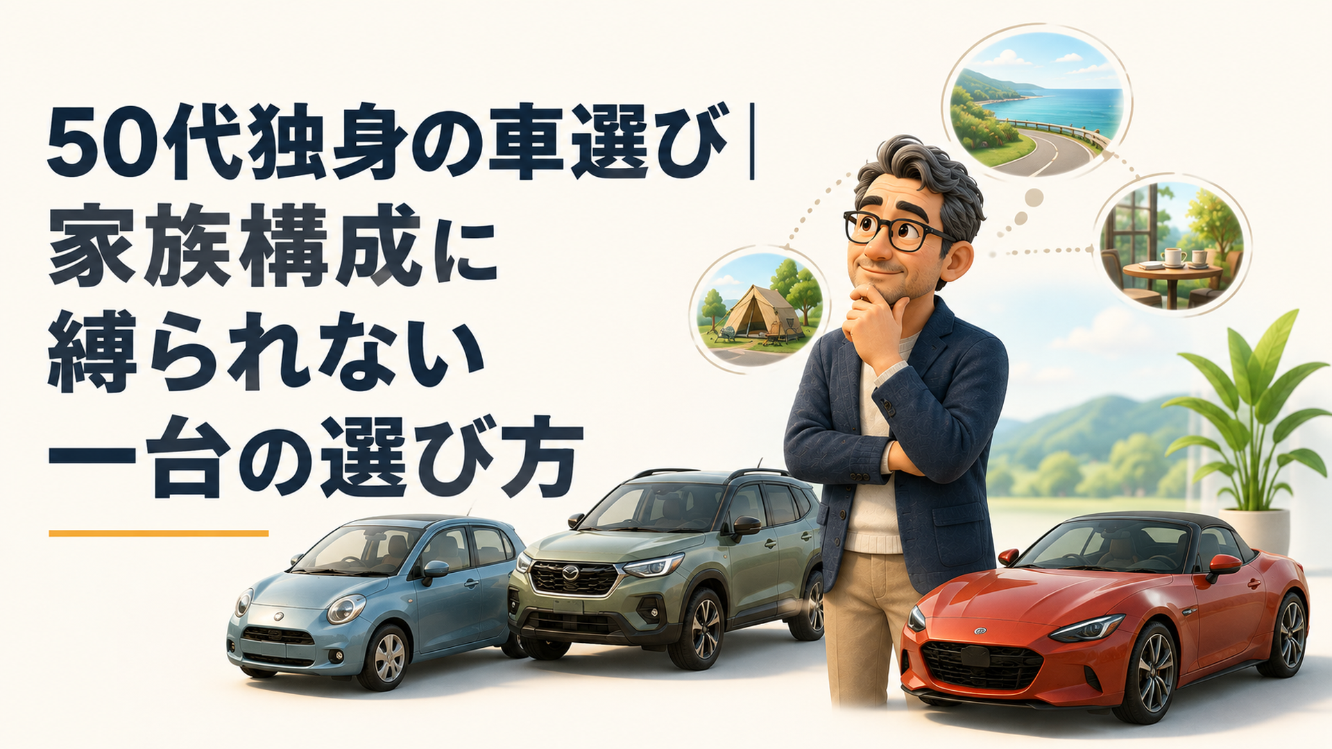50代の独身男性がコンパクトカーとSUVとスポーツカーを見比べながら自分の暮らしに合う一台を考えているイメージ