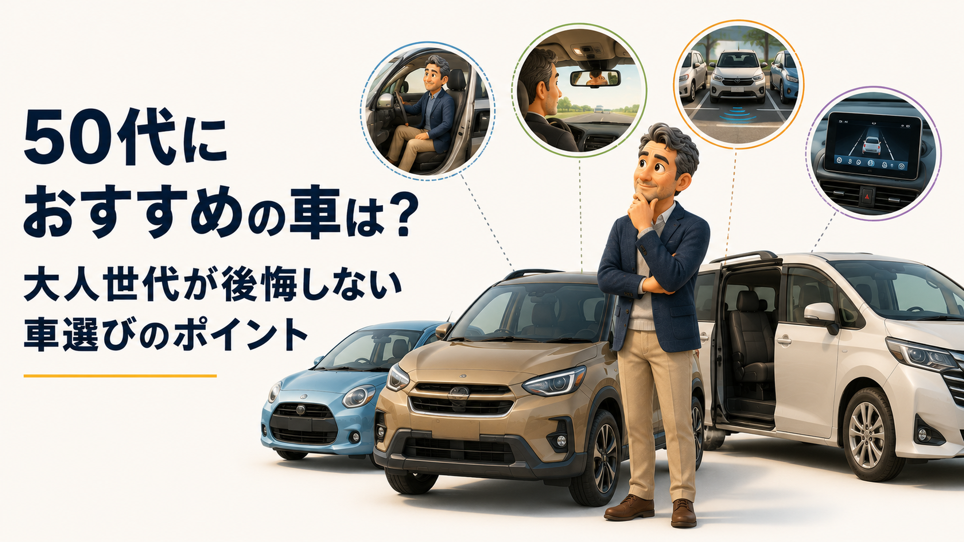 50代の大人世代がコンパクトカーやSUVやスライドドア車を比較しながらこれから長く乗れる一台を選んでいるイメージ