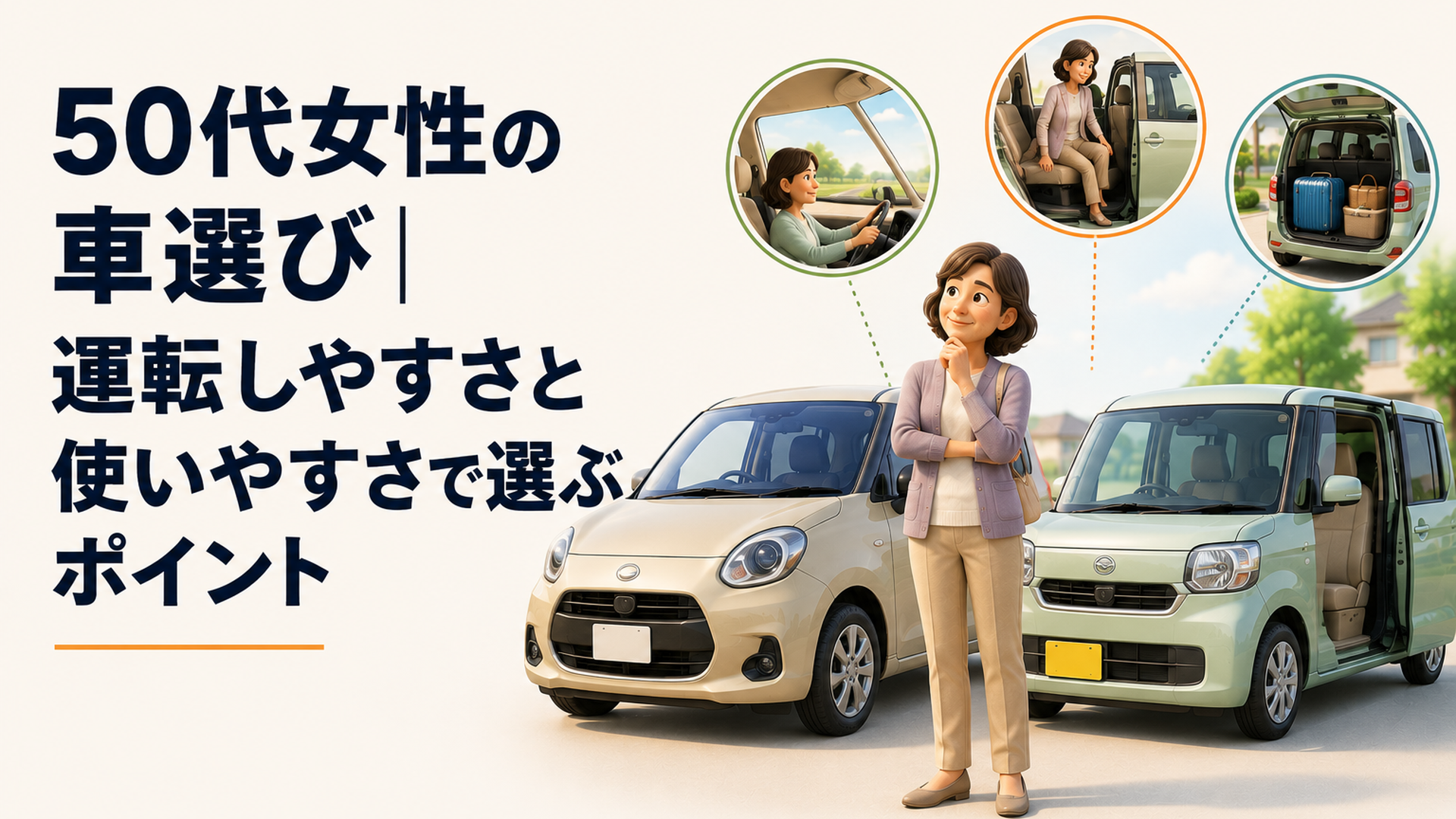 50代女性がコンパクトカーと軽自動車を並べて小回りや視界や乗り降りのしやすさを比較しているイメージ
