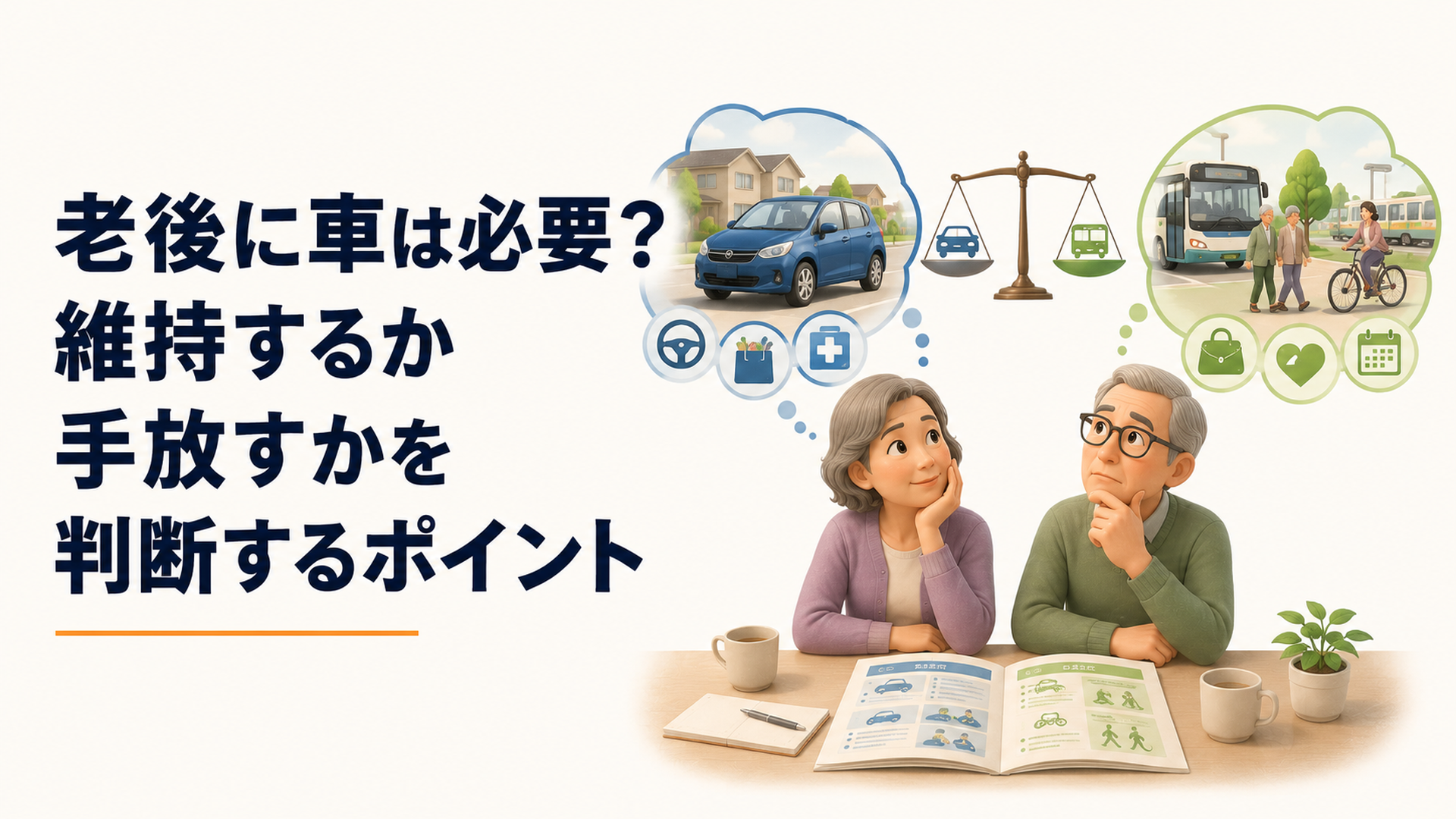 老後の暮らしを考えながら自家用車を維持するか手放すか比較しているシニア世代のイメージ