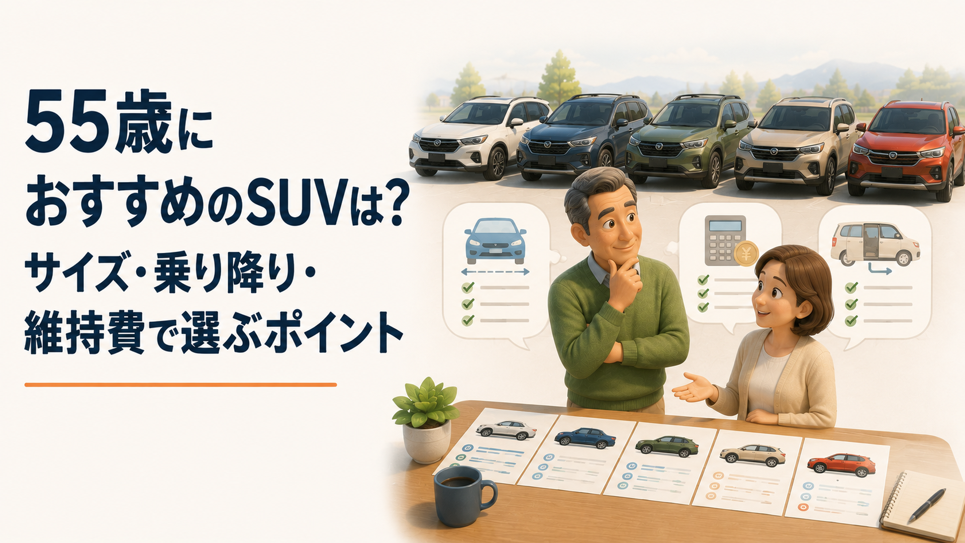 55歳の夫婦が5台のSUVを前に車体サイズ・維持費・乗り降りのしやすさを比較している場面