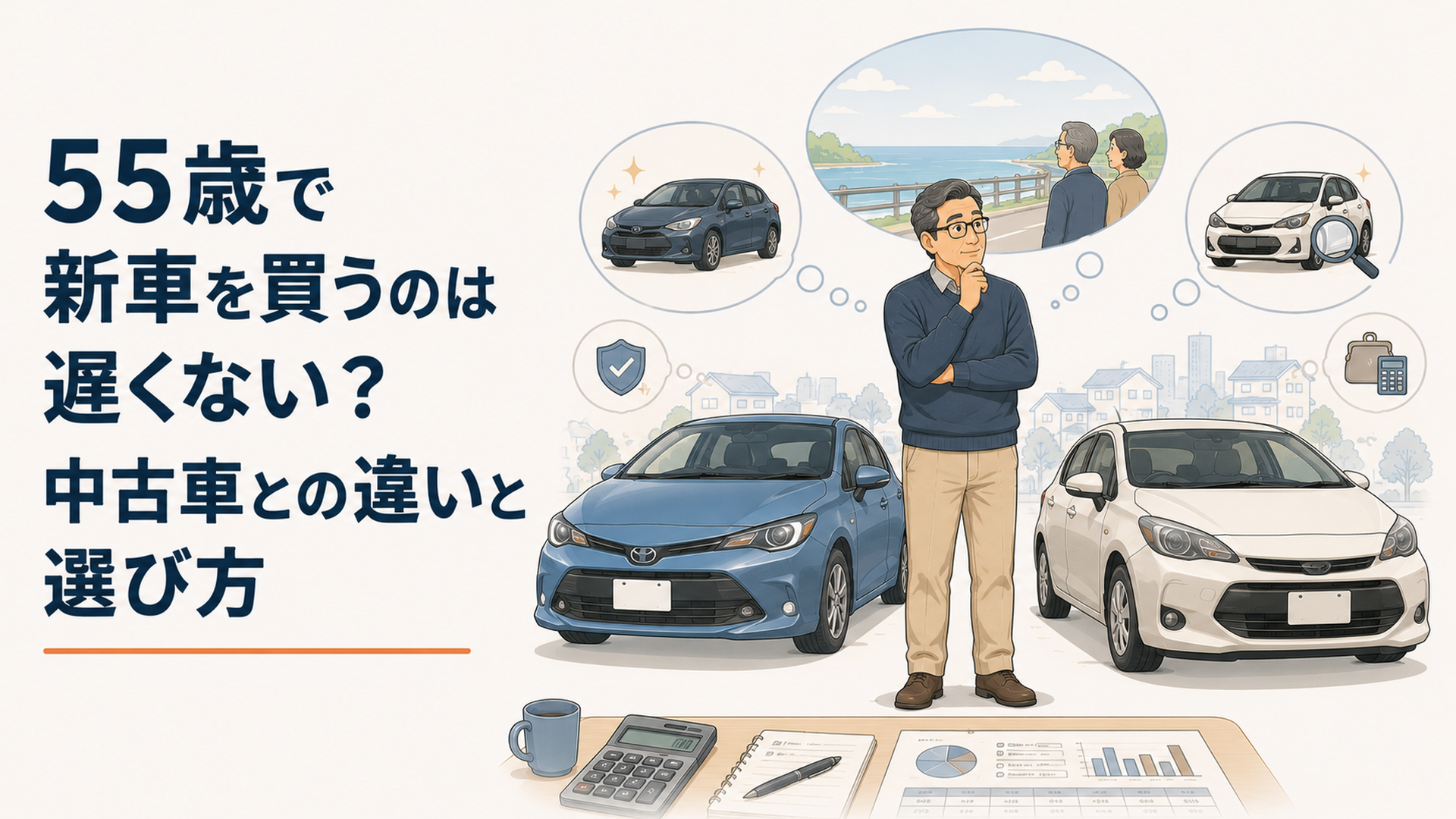 55歳の男性が新車と高年式中古車を並べて10年後の暮らしと家計まで考えながら比較している場面