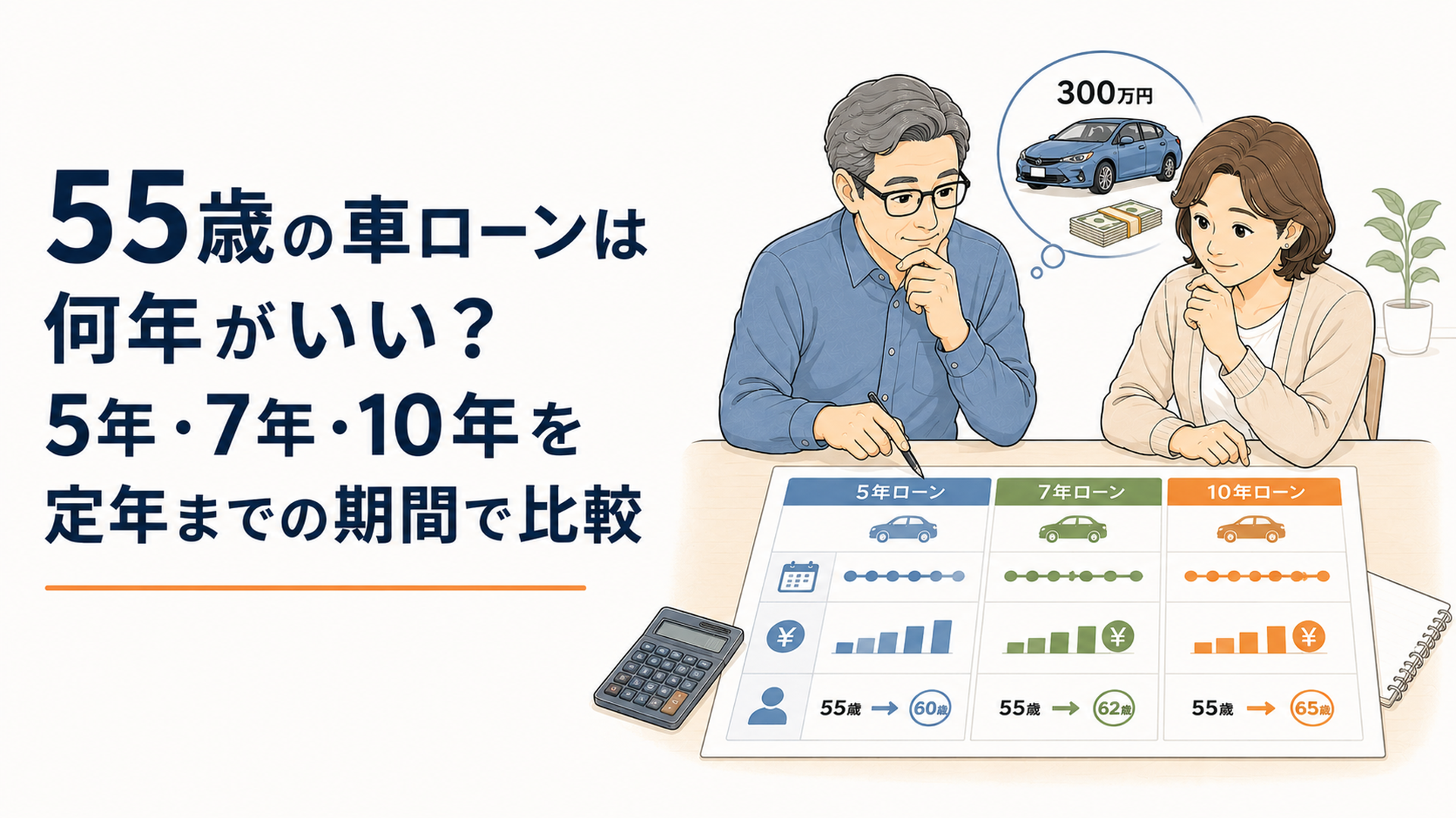55歳の夫婦が300万円の車について5年7年10年ローンの月額と60歳62歳65歳の完済年齢を比較している場面