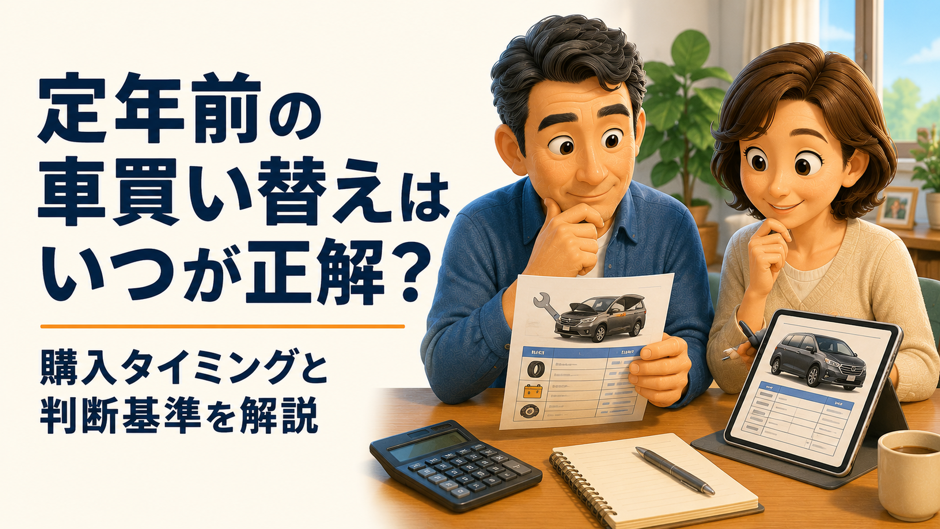 定年前の夫婦が家計表と車のカタログを見ながら退職後まで無理なく乗れる一台を検討している場面