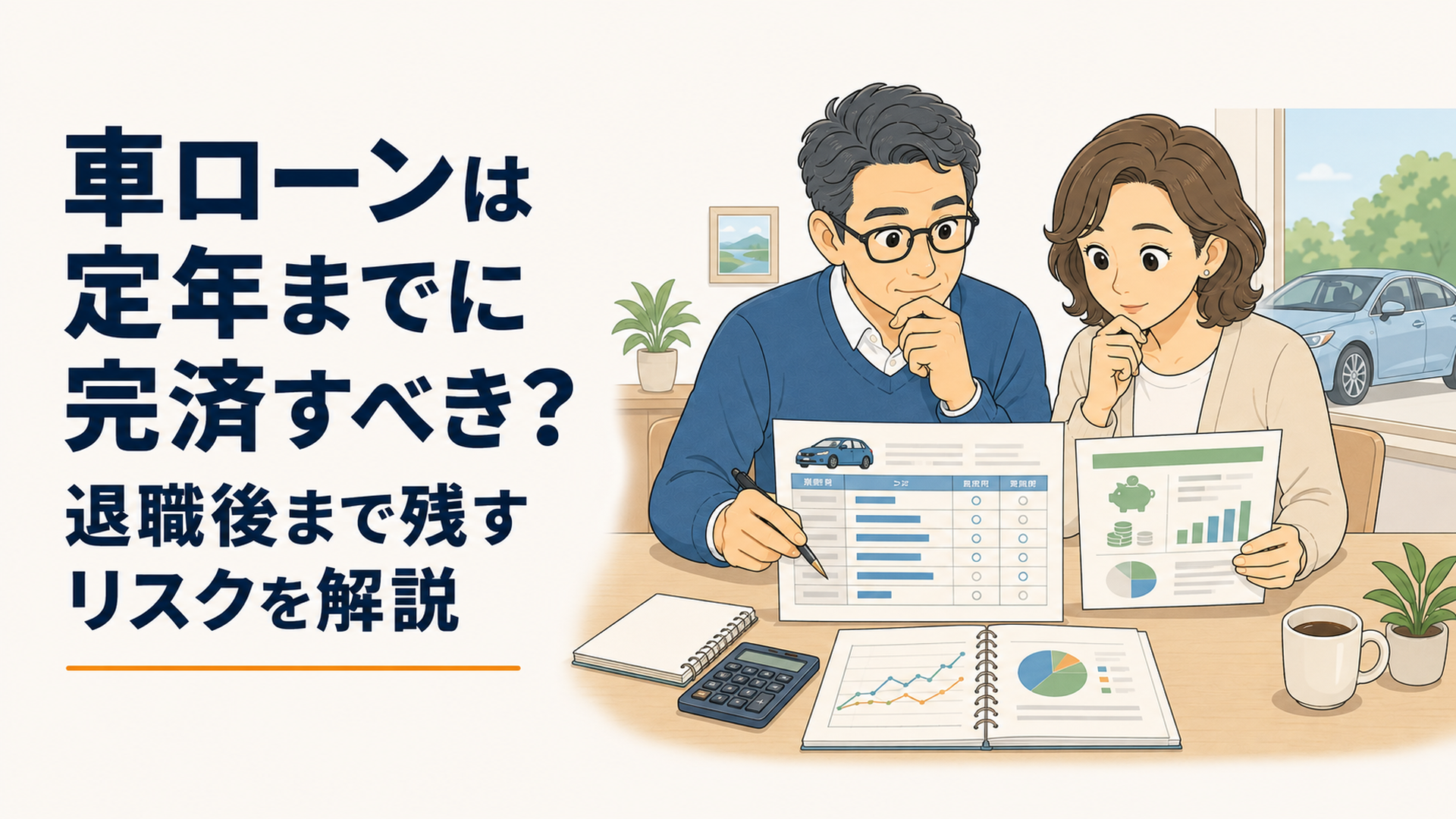 55歳前後の夫婦が車ローンの返済予定表と定年後の収入や生活費を見比べながら購入計画を考えている場面