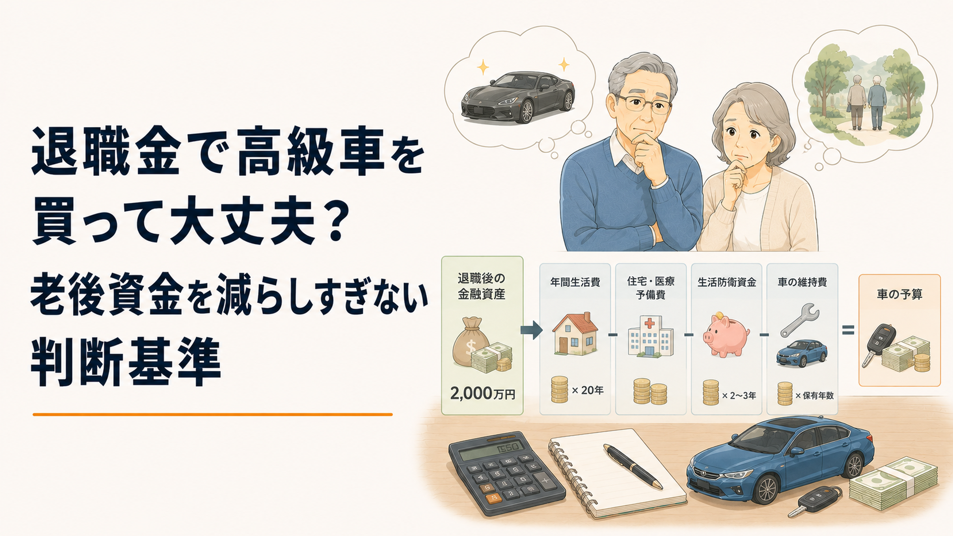 退職金2000万円のうち1500万円で高級スポーツカーを買うか老後資金を残すか悩む60代夫婦