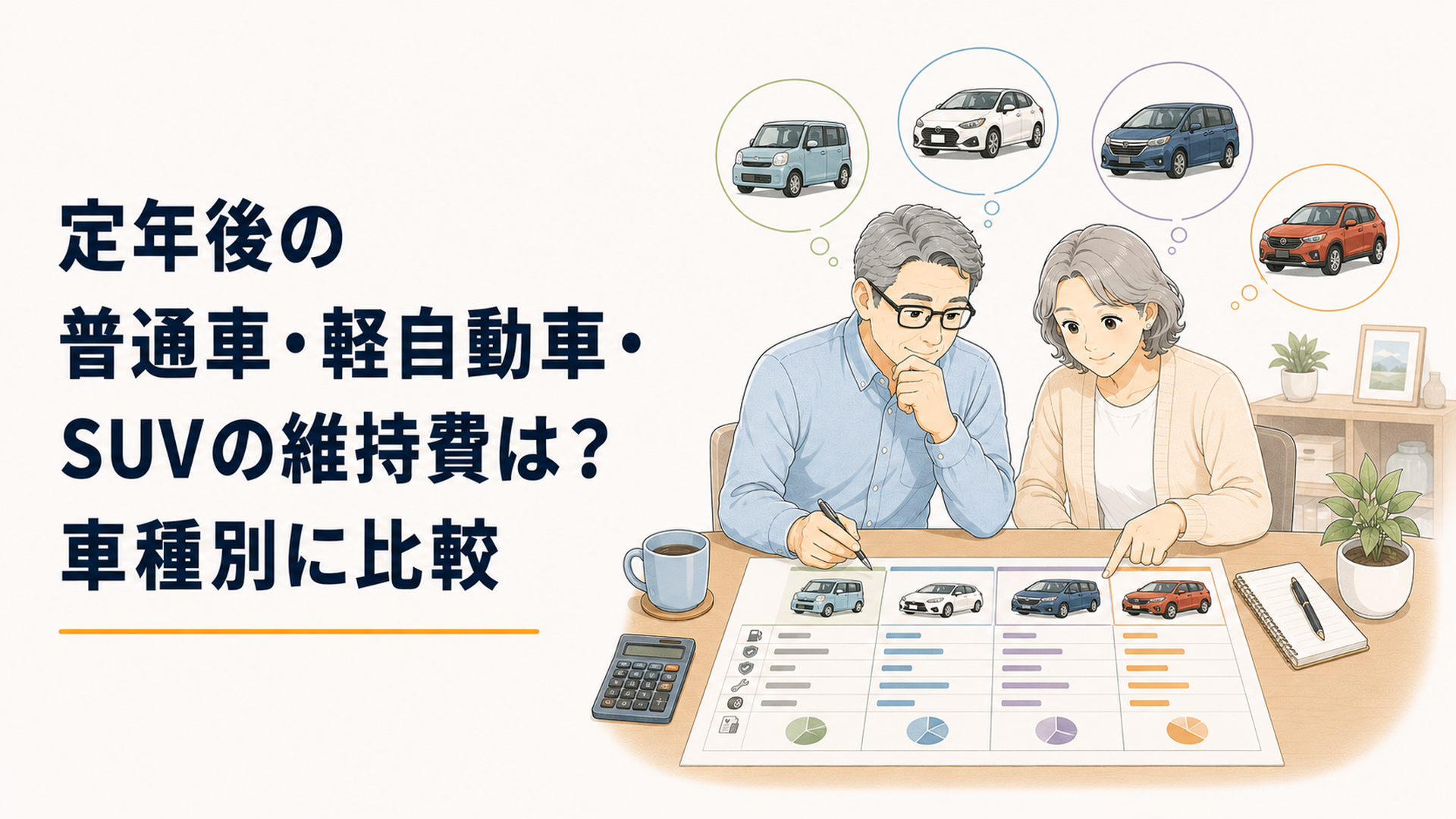 定年後の夫婦が軽自動車・コンパクトカー・大型ミニバン・SUVの年間維持費を家計表で比較している場面