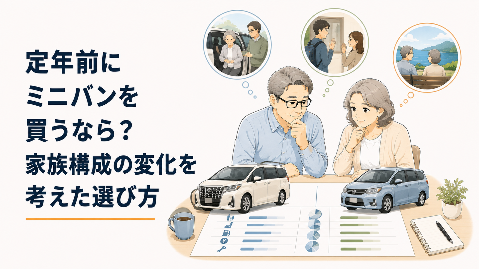 定年前の50代夫婦が高齢の親の送迎や子どもの独立後の暮らしを考えながら大小のミニバンを比較している場面