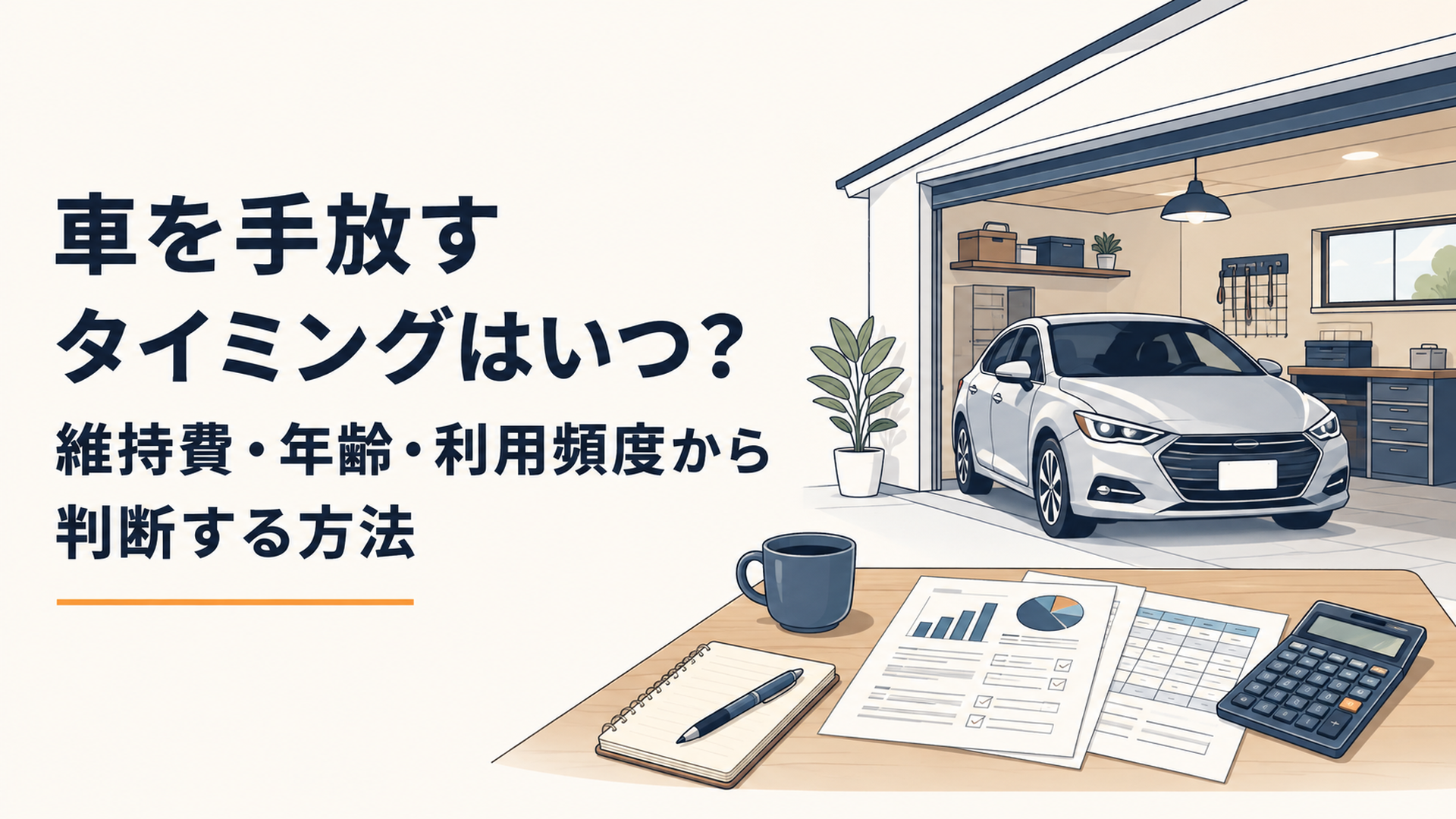 自宅の車庫にある車と維持費の書類を前に、車を手放す時期を落ち着いて検討している場面