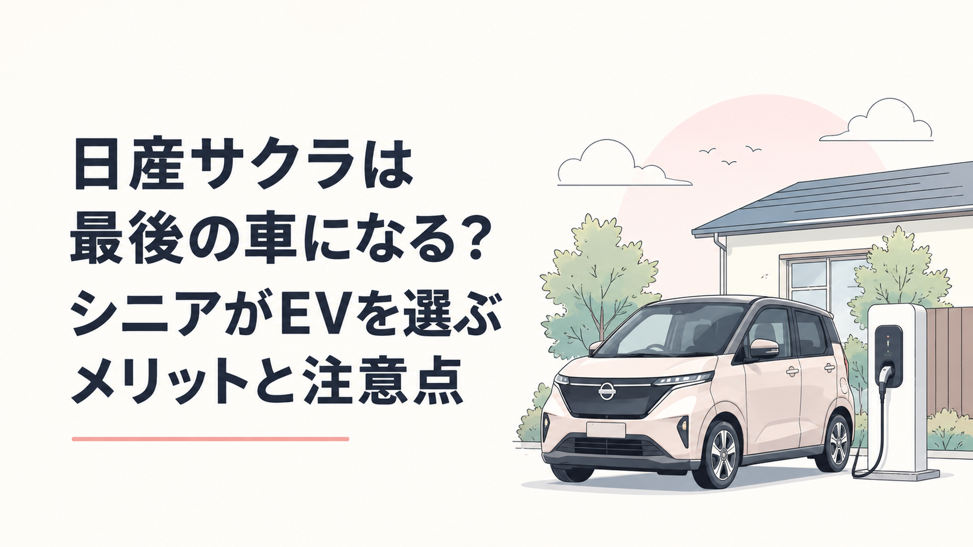 日産サクラ風の軽EVと自宅充電設備を前に最後の車選びを考えるシニア世代のカーライフをイメージした場面