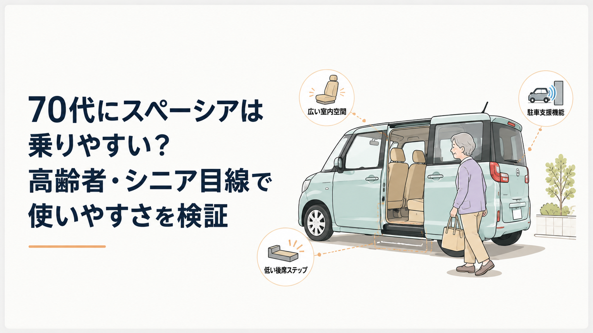 70代のシニアが日常で使いやすいスペーシア風軽ハイトワゴンと低い後席ステップ・広い室内・駐車支援を表現した場面