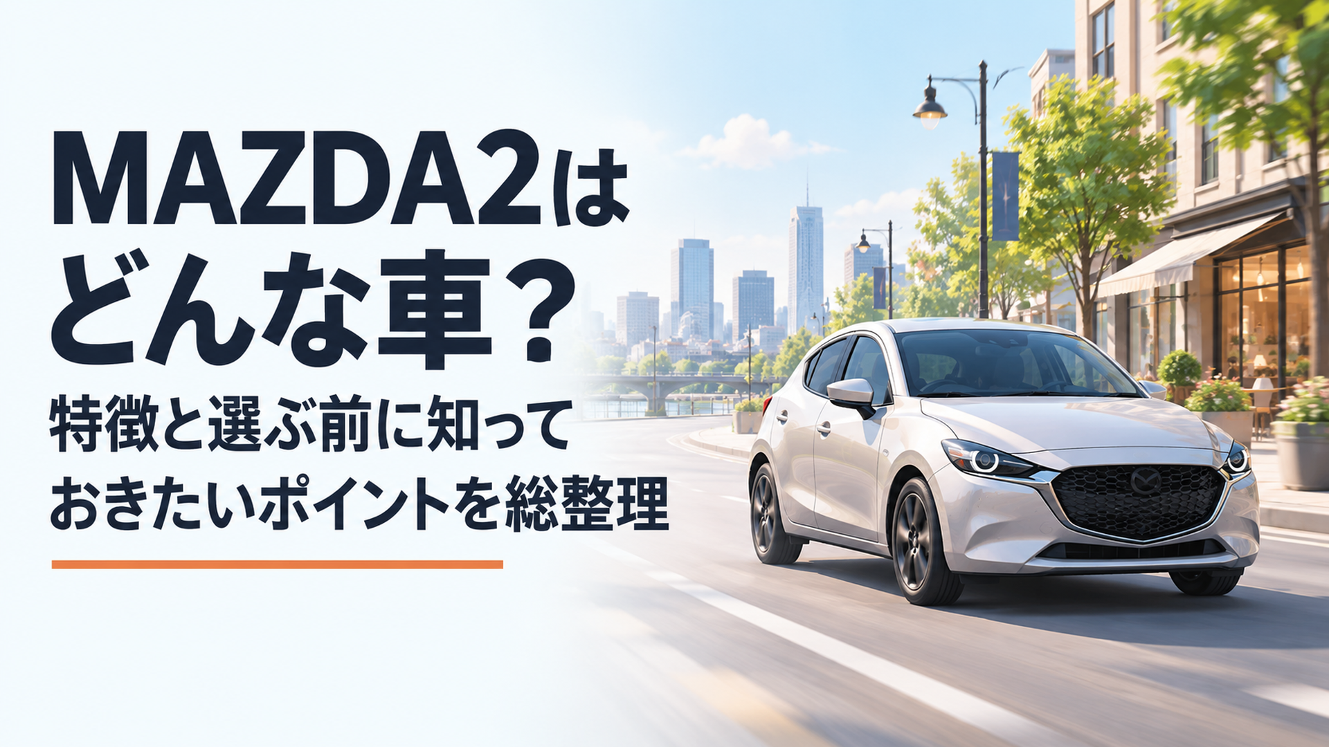 街中を軽快に走るMAZDA2風コンパクトカーと落ち着いた都市風景