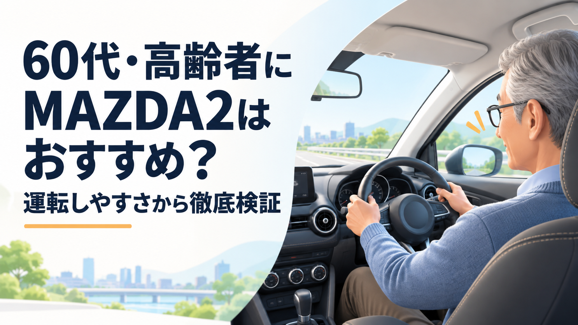 MAZDA2風コンパクトカーを60代ドライバーが運転席から視界や操作性を確認している場面