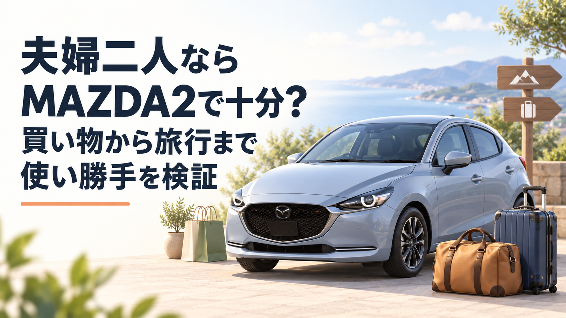 夫婦二人の買い物と旅行を想定したMAZDA2風コンパクトカーと二人分の旅行バッグ