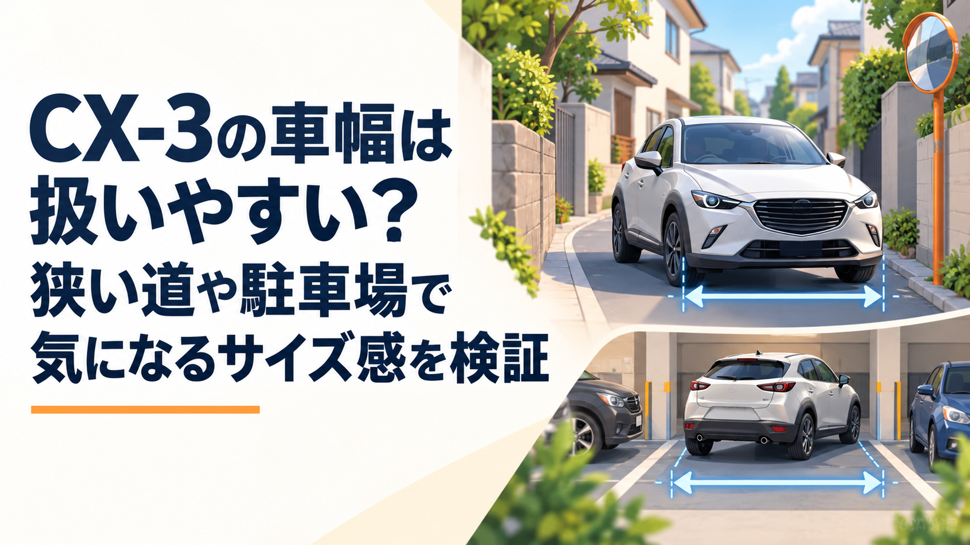 CX-3風コンパクトSUVが狭い住宅街と駐車場を走り車幅のサイズ感を確認する場面