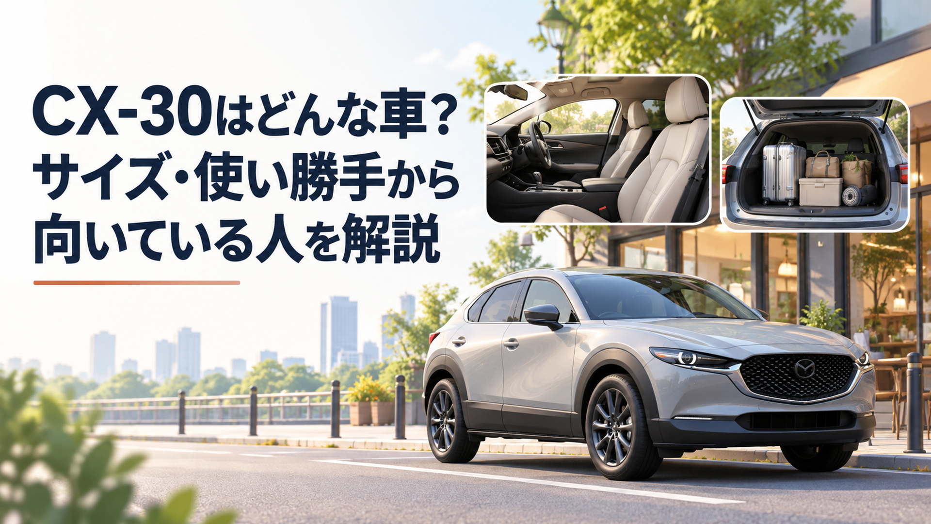 街中に停めたCX-30風コンパクトSUVと上質な室内や荷室の使いやすさを表す場面
