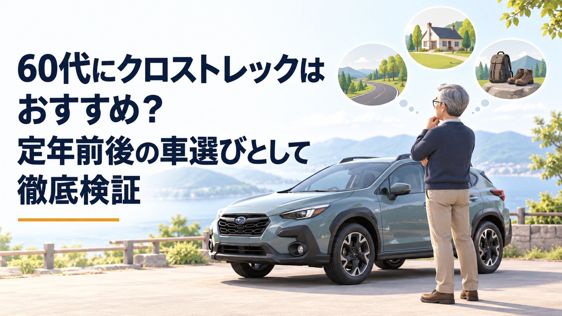 60代のドライバーがクロストレック風SUVを前に定年前後の車選びを考えている場面