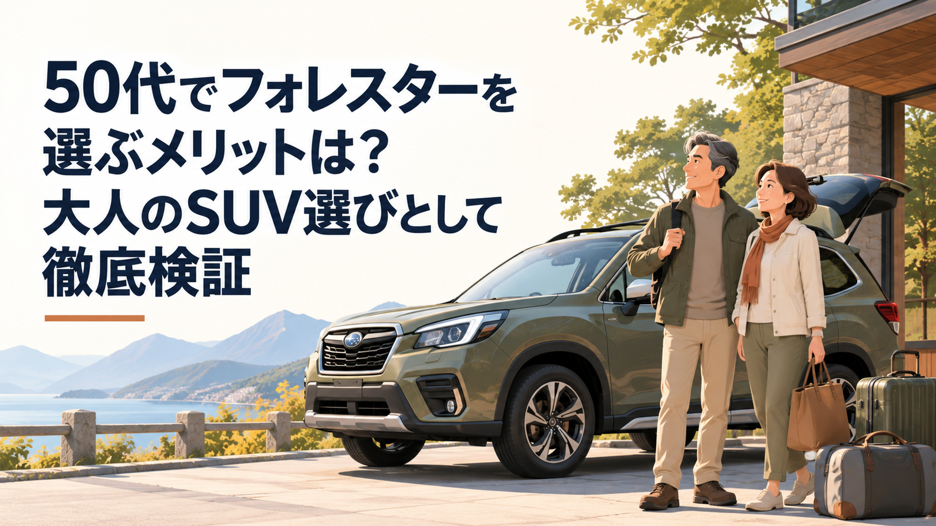 50代の夫婦がフォレスター風SUVで旅行へ出発する落ち着いた大人のドライブシーン