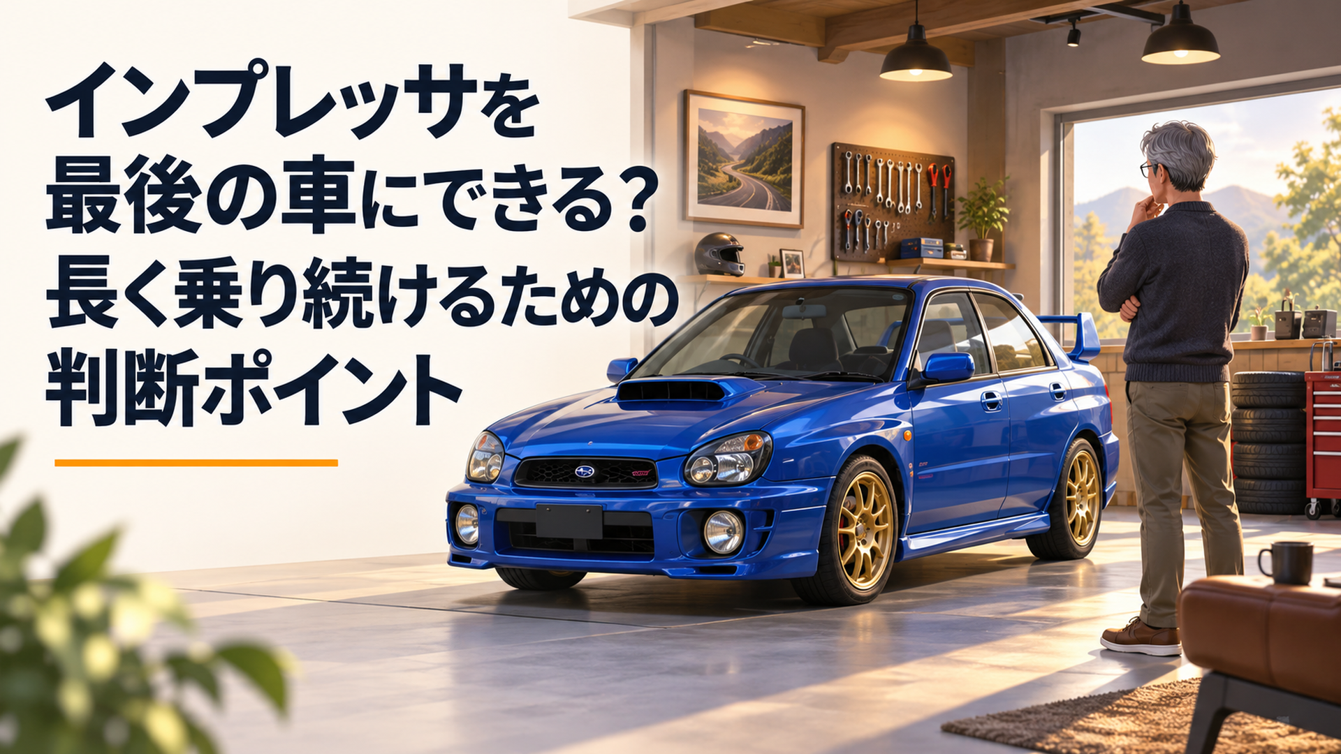 落ち着いたガレージに停めた旧型インプレッサWRX STI風スポーツカーを眺めながら最後の車として長期所有を考える50代男性