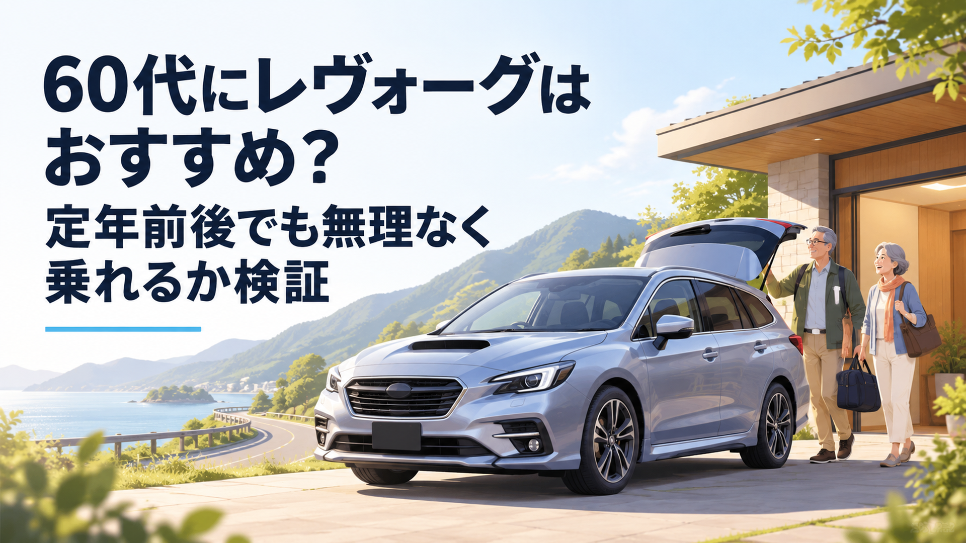 レヴォーグ風ステーションワゴンと60代夫婦が休日のロングドライブへ出発する落ち着いたシーン
