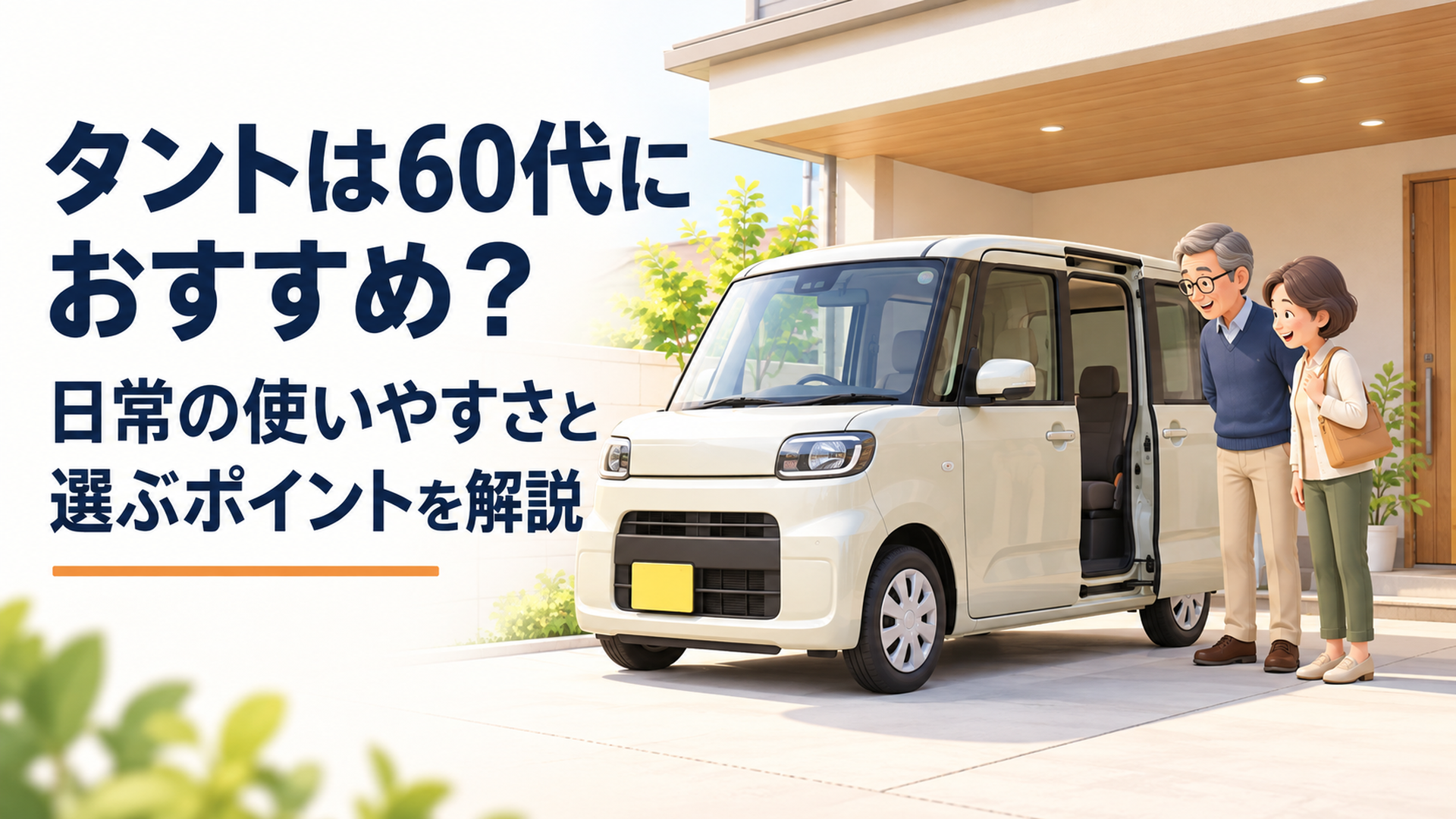 明るい自宅駐車場でタント風の軽スーパーハイトワゴンを確認する60代夫婦