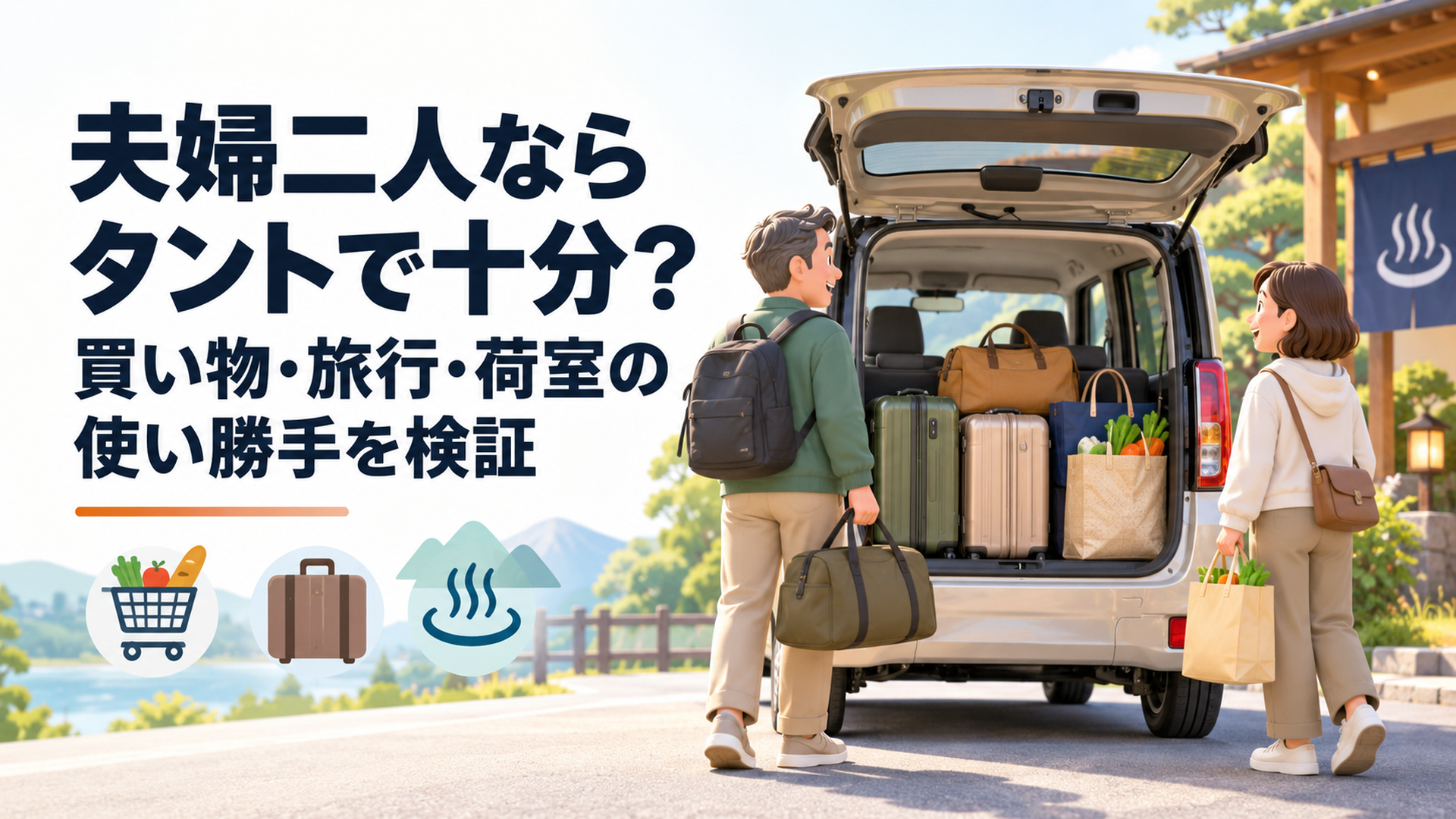 タント風軽自動車の荷室に夫婦二人分の旅行バッグと買い物袋を積み温泉旅行へ出発する場面