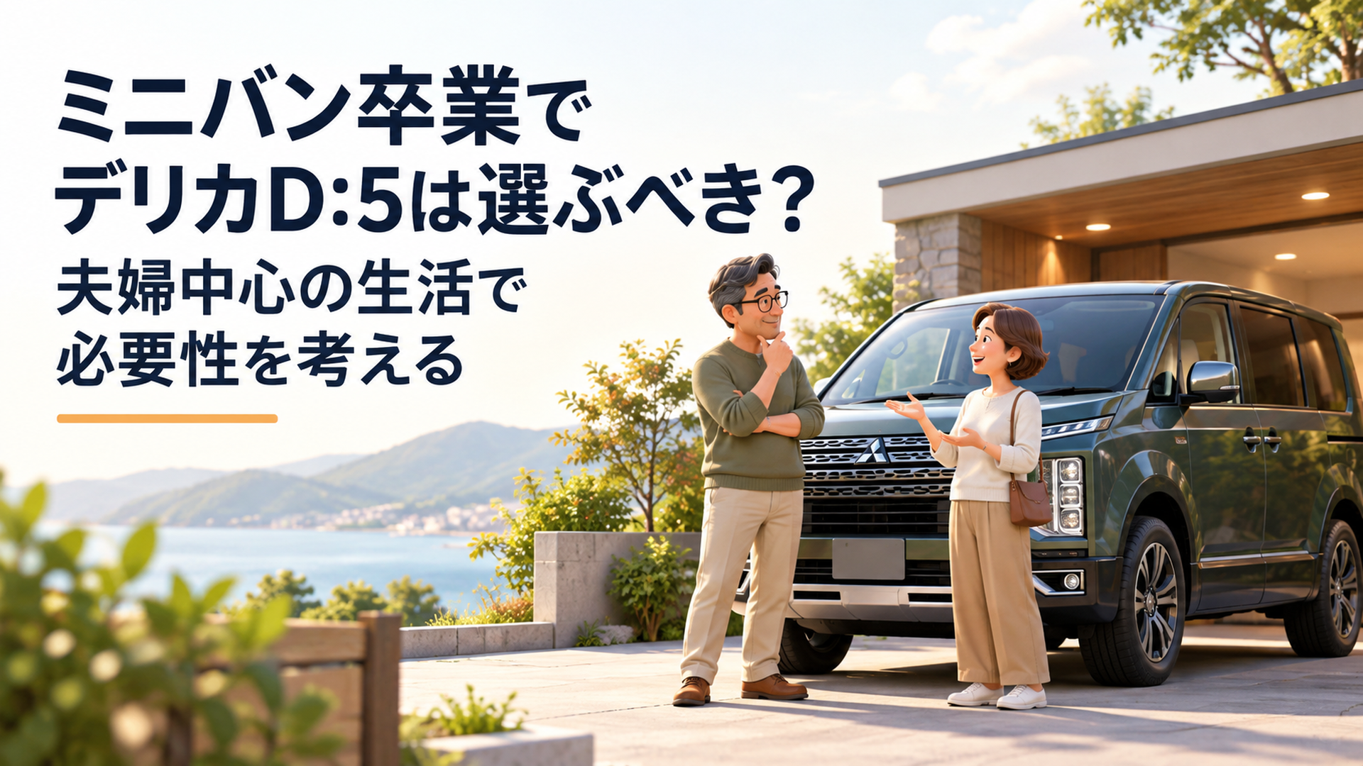 子どもが独立した50代夫婦がデリカD:5風ミニバンを前に今後のカーライフについて話し合っている場面