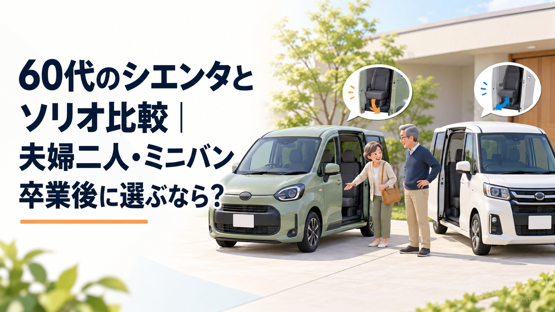 60代夫婦がシエンタ風とソリオ風の車を並べて大きさや乗り降りのしやすさを比較している場面