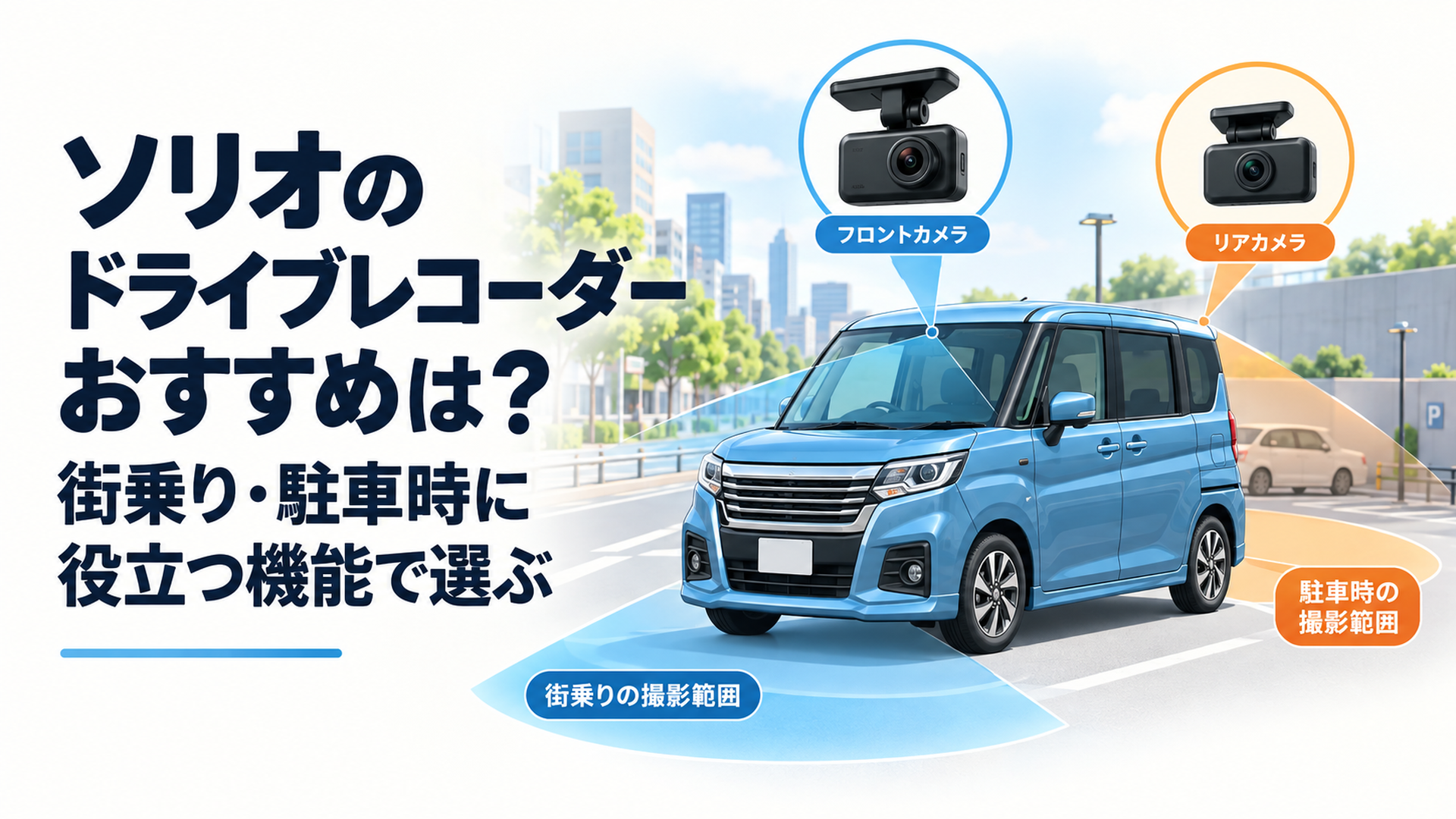 ソリオをイメージしたコンパクトミニバンに前後2カメラのドライブレコーダーを装着し街乗りと駐車中の撮影範囲を示すシーン