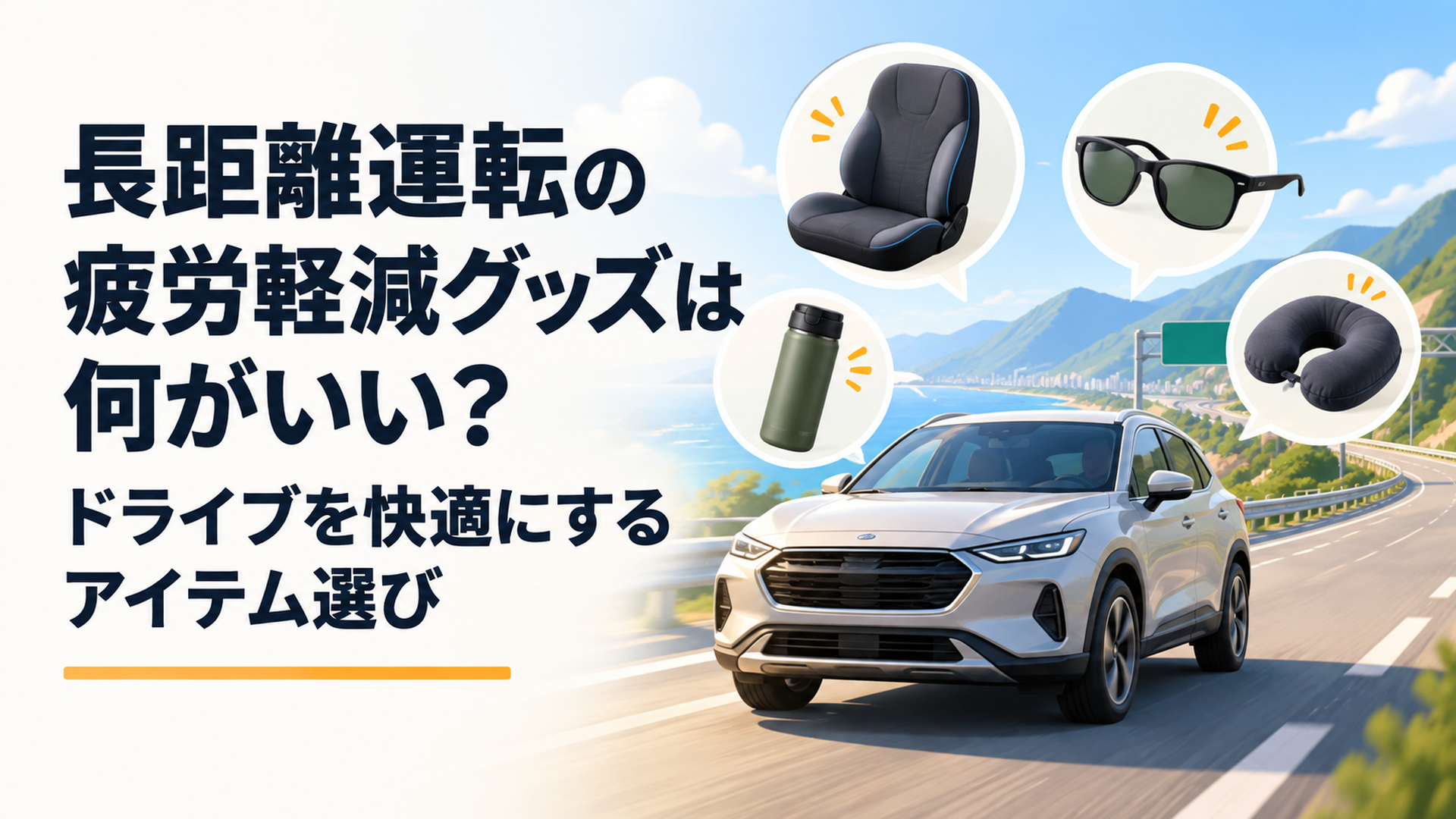 高速道路を走る車とシートクッションや偏光サングラスや飲み物など長距離運転の疲労軽減グッズを組み合わせたシーン