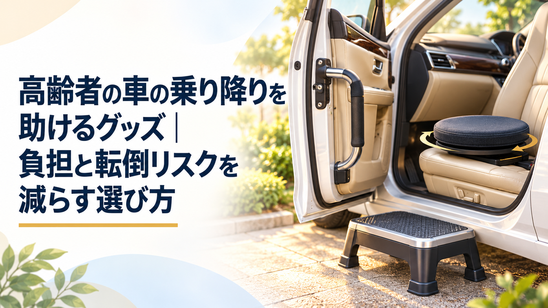高齢者の車の乗り降りを支える車用手すりと回転クッションと踏み台を明るい車内に並べた場面