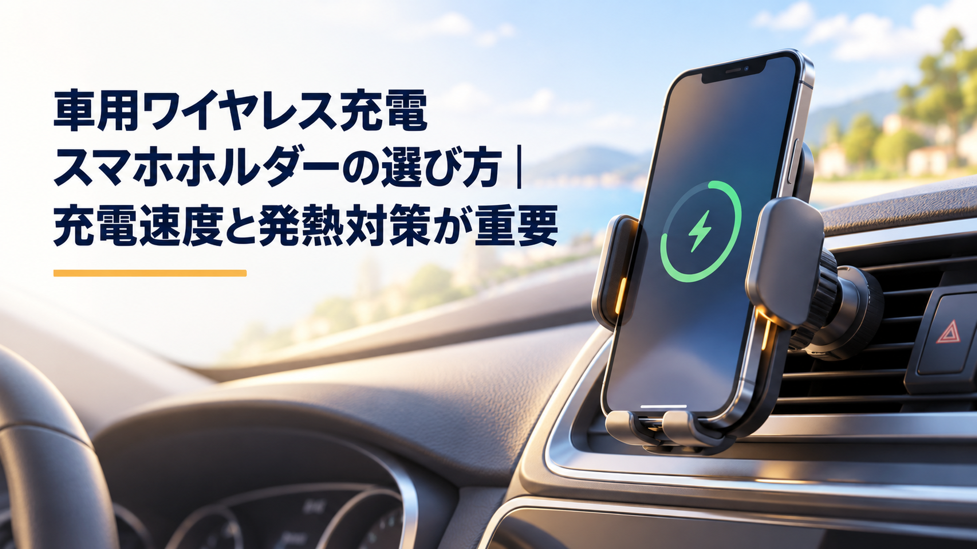 明るい車内に設置したワイヤレス充電スマホホルダーを、取り付け位置と固定の安定感が分かる構図で見せる場面