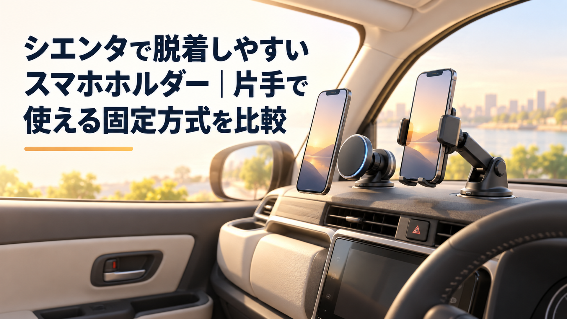 シエンタ風の明るい運転席で、マグネット式とアーム式のスマホホルダーを比較する場面