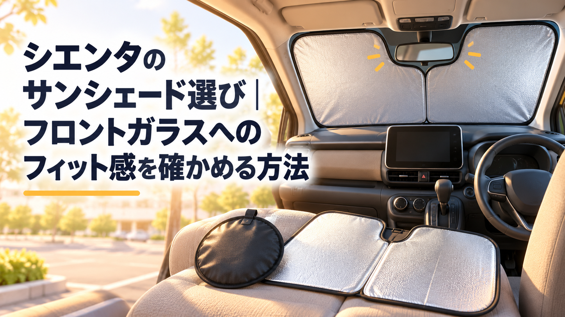 明るい駐車場に停めたシエンタをイメージしたミニバンの車内でフロント用サンシェードと収納袋を並べルームミラー周辺の収まりを確認する場面