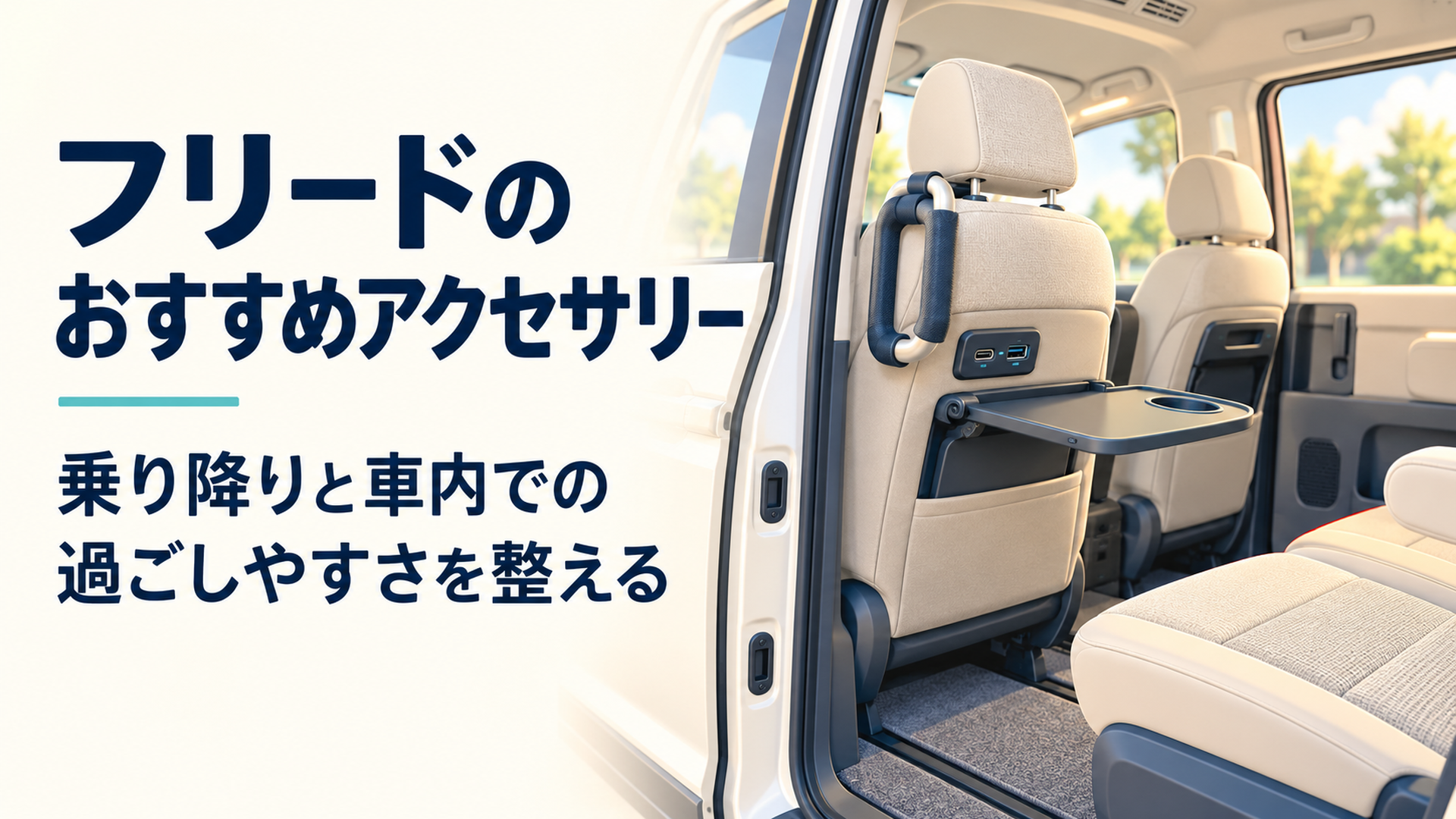明るい３代目フリード風のミニバン車内に乗降補助グリップとUSB充電口と格納式テーブルをすっきり配置した様子