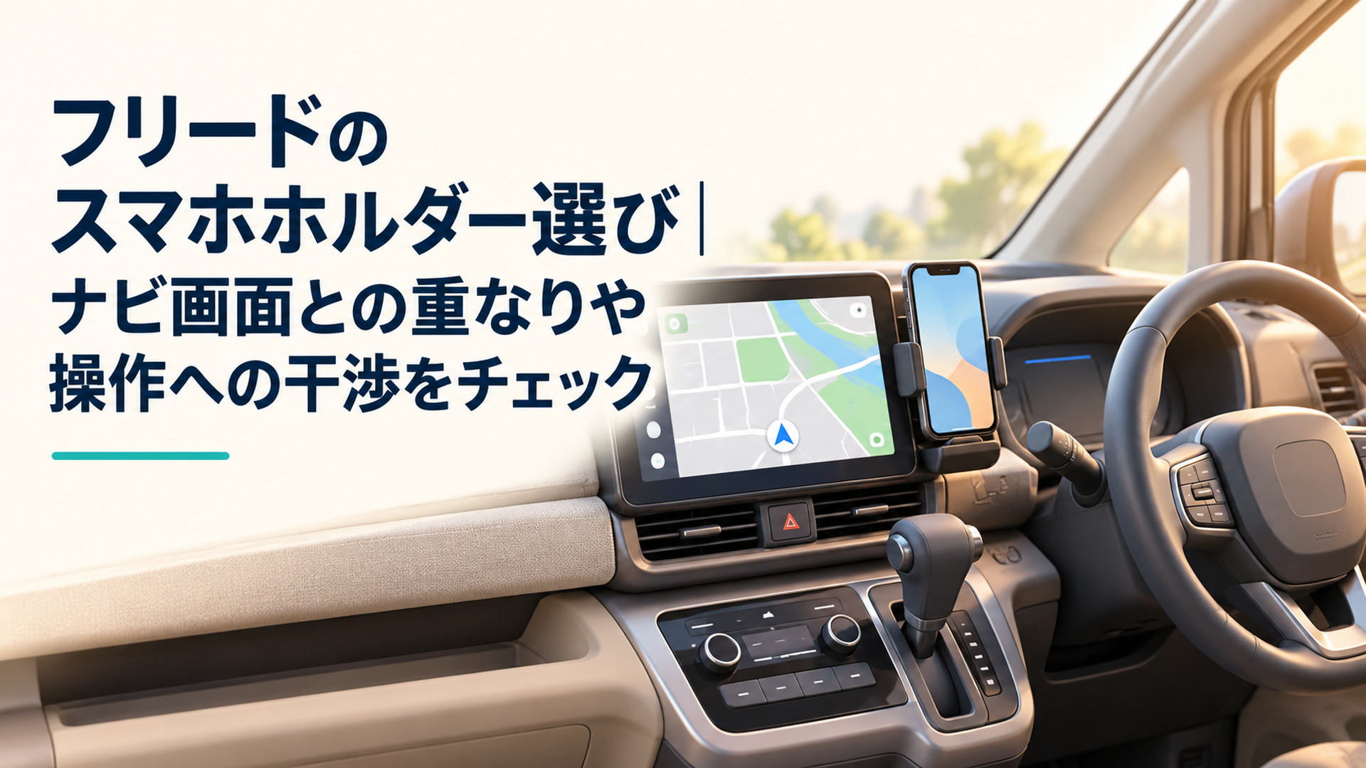 明るい背景のGT系フリード風ミニバンの運転席でナビ横のスマホホルダーと11.4インチ画面の位置関係を確認する場面