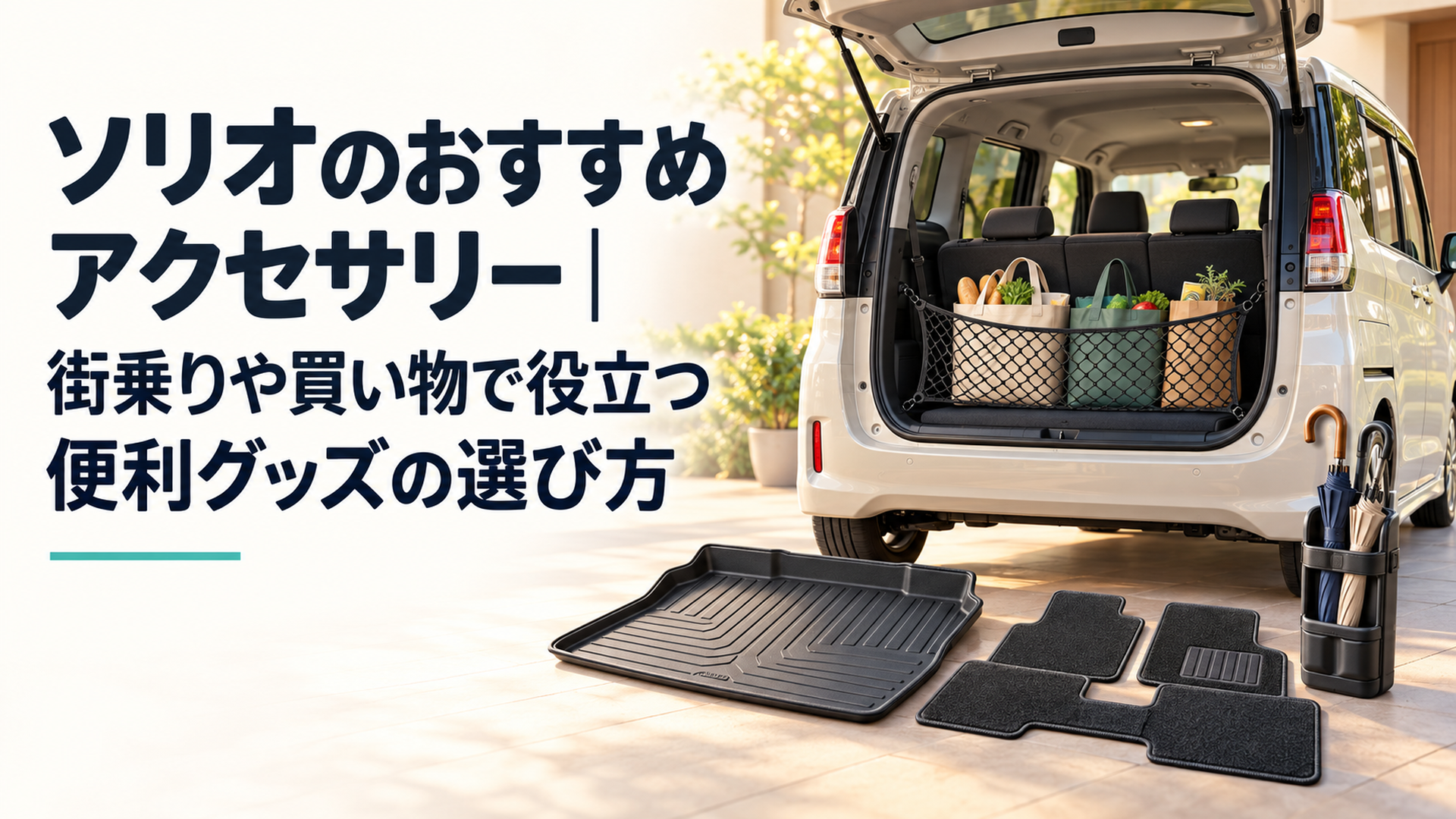 明るい背景に停車したコンパクトミニバンと、買い物袋を整理する荷室ネット、荷室保護マット、足元マット、傘ホルダーを並べた落ち着いたイメージ