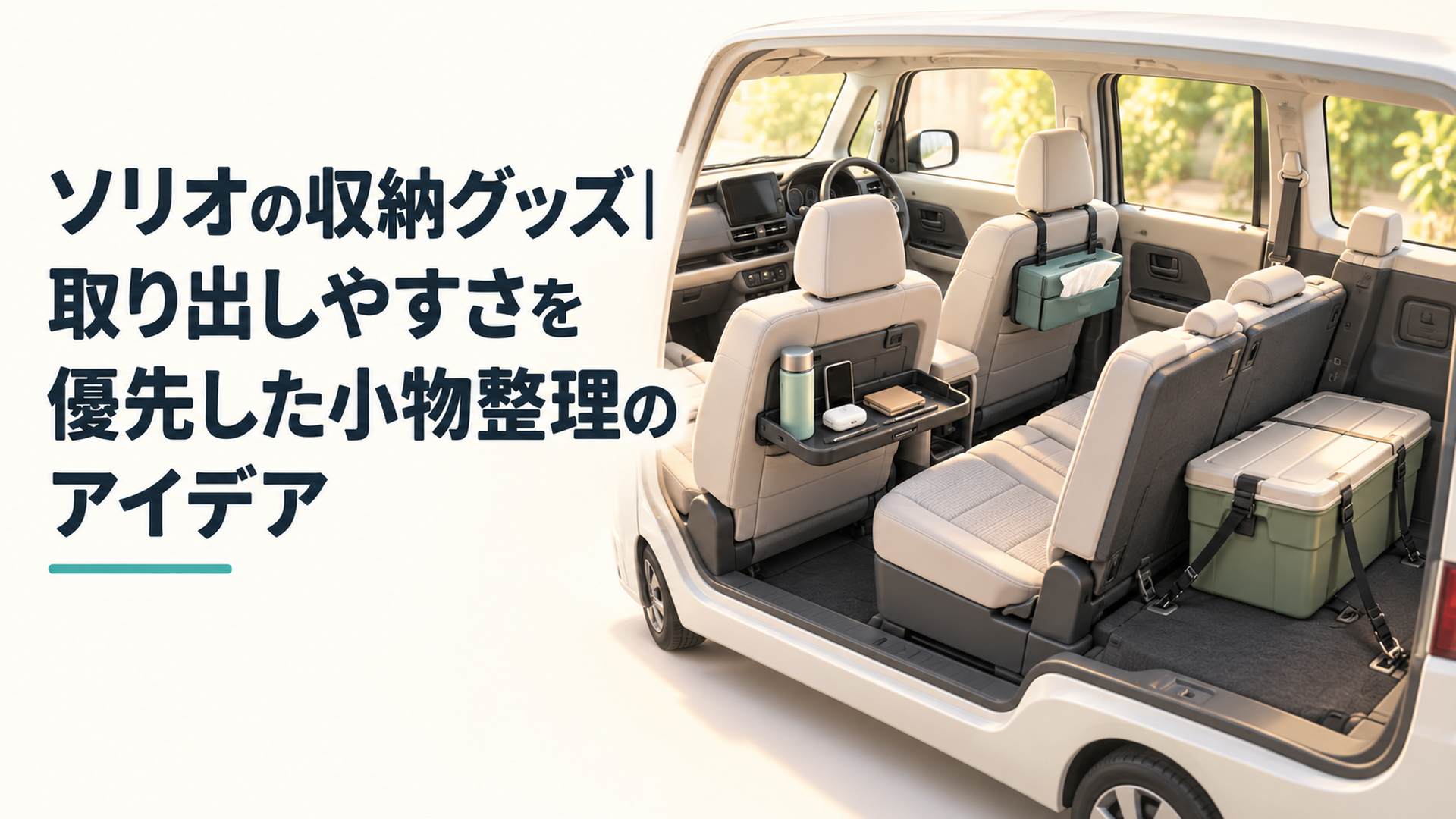 ソリオをイメージした停車中のコンパクトミニバンで、前席の小物トレー、後席のティッシュケース、荷室の固定収納を見比べる明るい車内