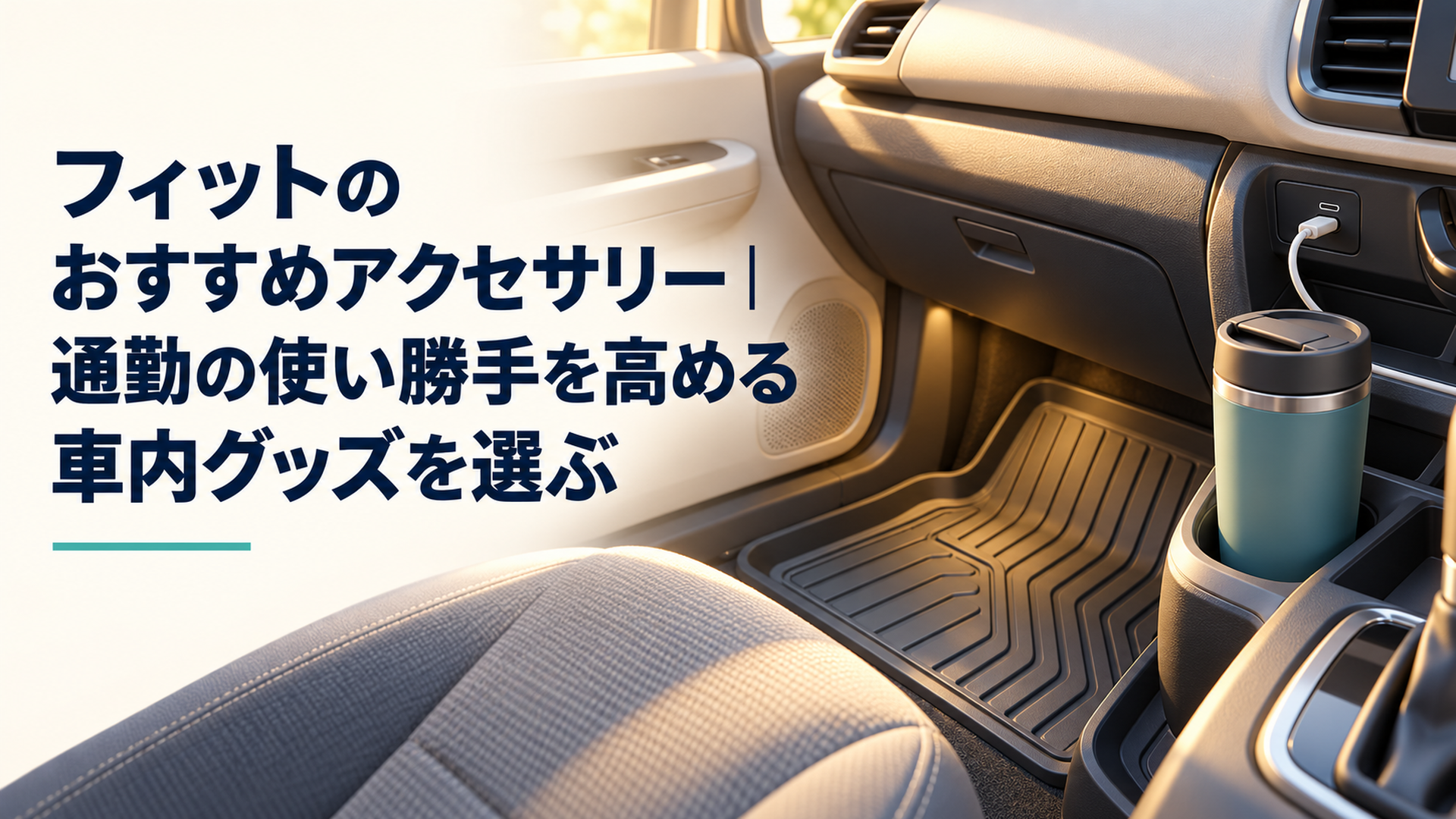 明るい背景のコンパクトカーの車内にType-C充電端子とふた付きマグボトルと縁高の足元マットを配置した通勤用アクセサリーのイメージ