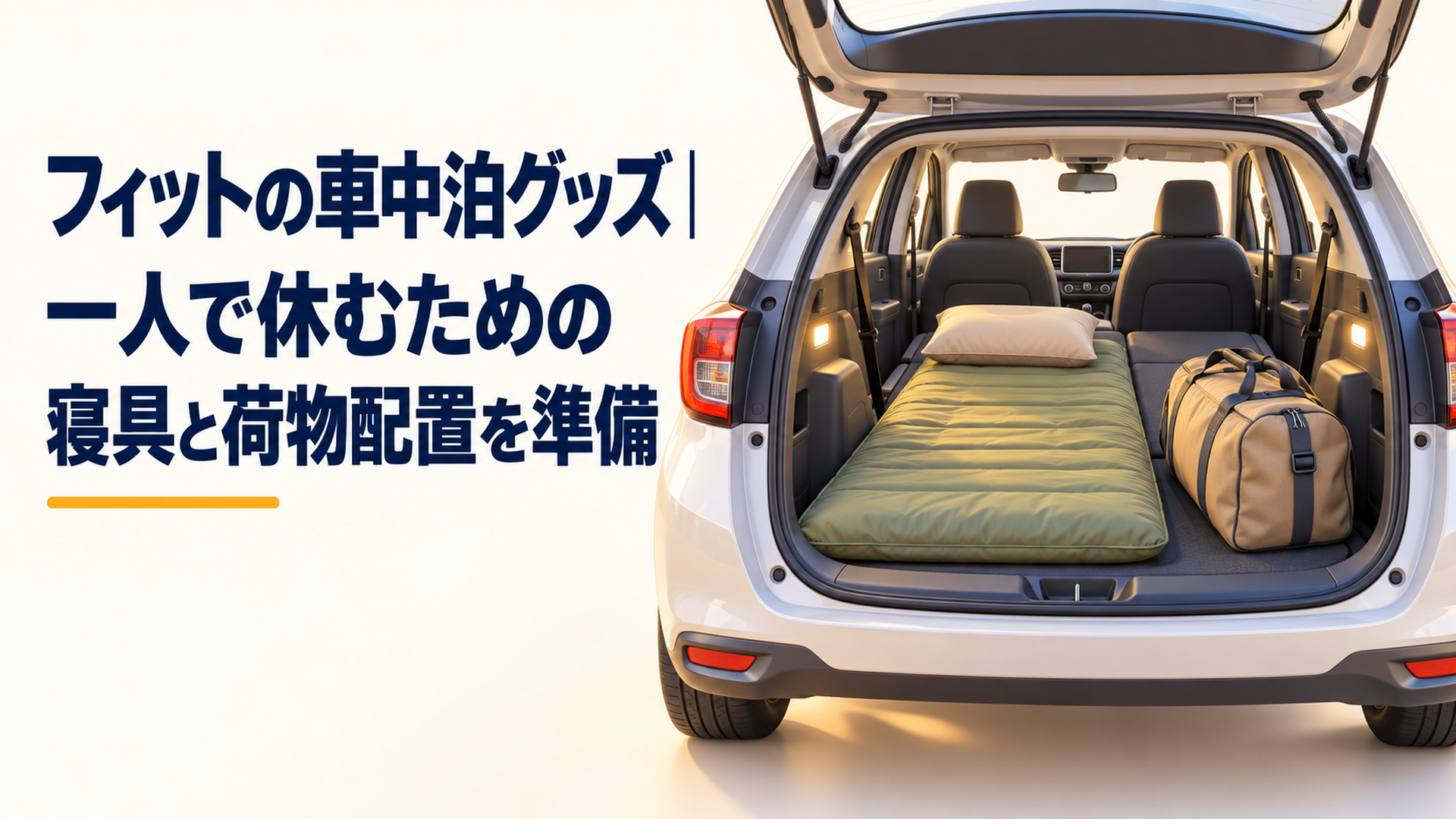 4代目フィットをイメージした停車中のコンパクトカーの荷室に一人用マットと枕を置き、その横に柔らかい旅行バッグを配置した明るい車内