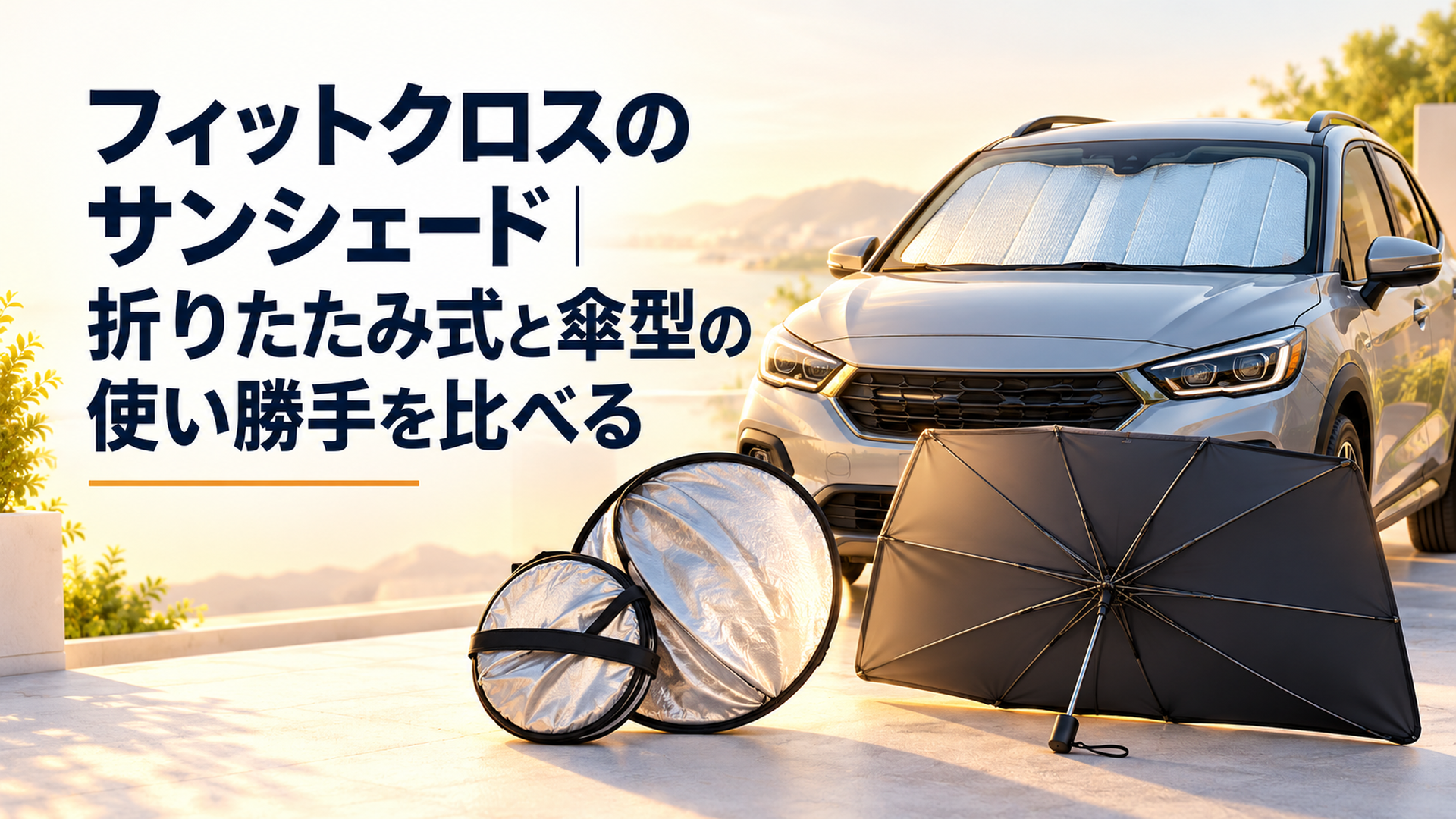 明るい背景に停車したコンパクトカーと、丸く畳むサンシェード、傘型サンシェードを並べた比較場面
