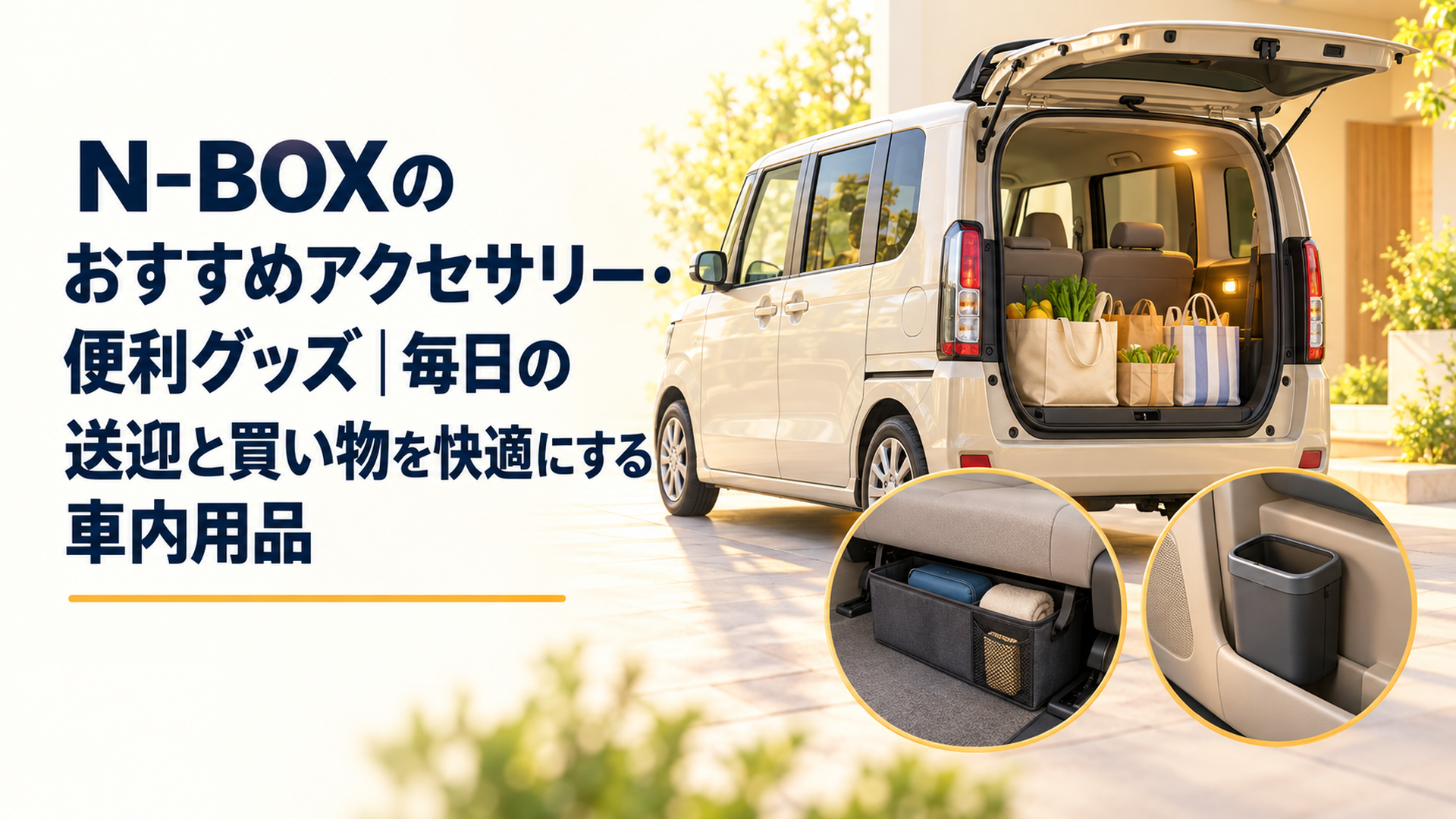 明るい場所に停車した軽ハイトワゴンと、助手席下収納バッグ、ドアポケット用ゴミ箱、買い物袋を照らす荷室ランプを並べた場面