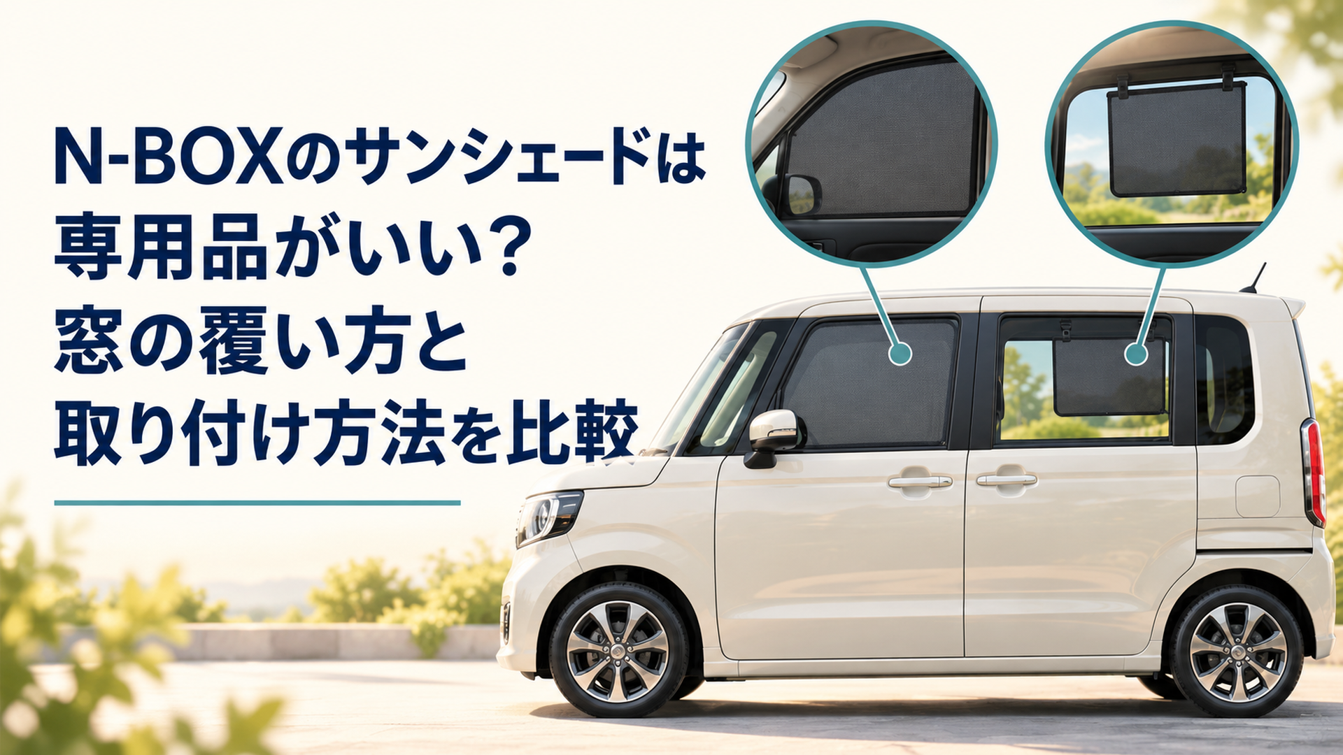 停車した軽ハイトワゴンの前席側面窓と後席スライドドア窓を見渡し、前席用メッシュシェードと後席用の小型日よけで覆う場所の違いを示す明るい比較シーン