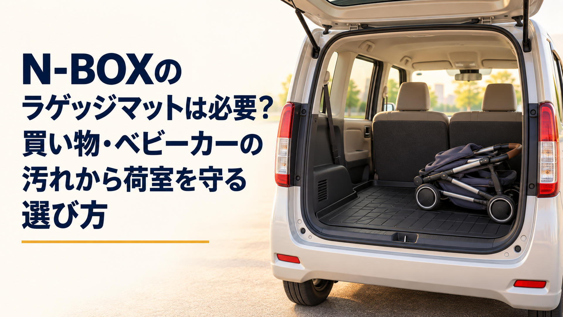 明るい背景の軽ハイトワゴンの開いた荷室に黒い保護マットと折りたたんだベビーカーを配置した説明用イラスト、実商品の形状や配置を再現するものではない